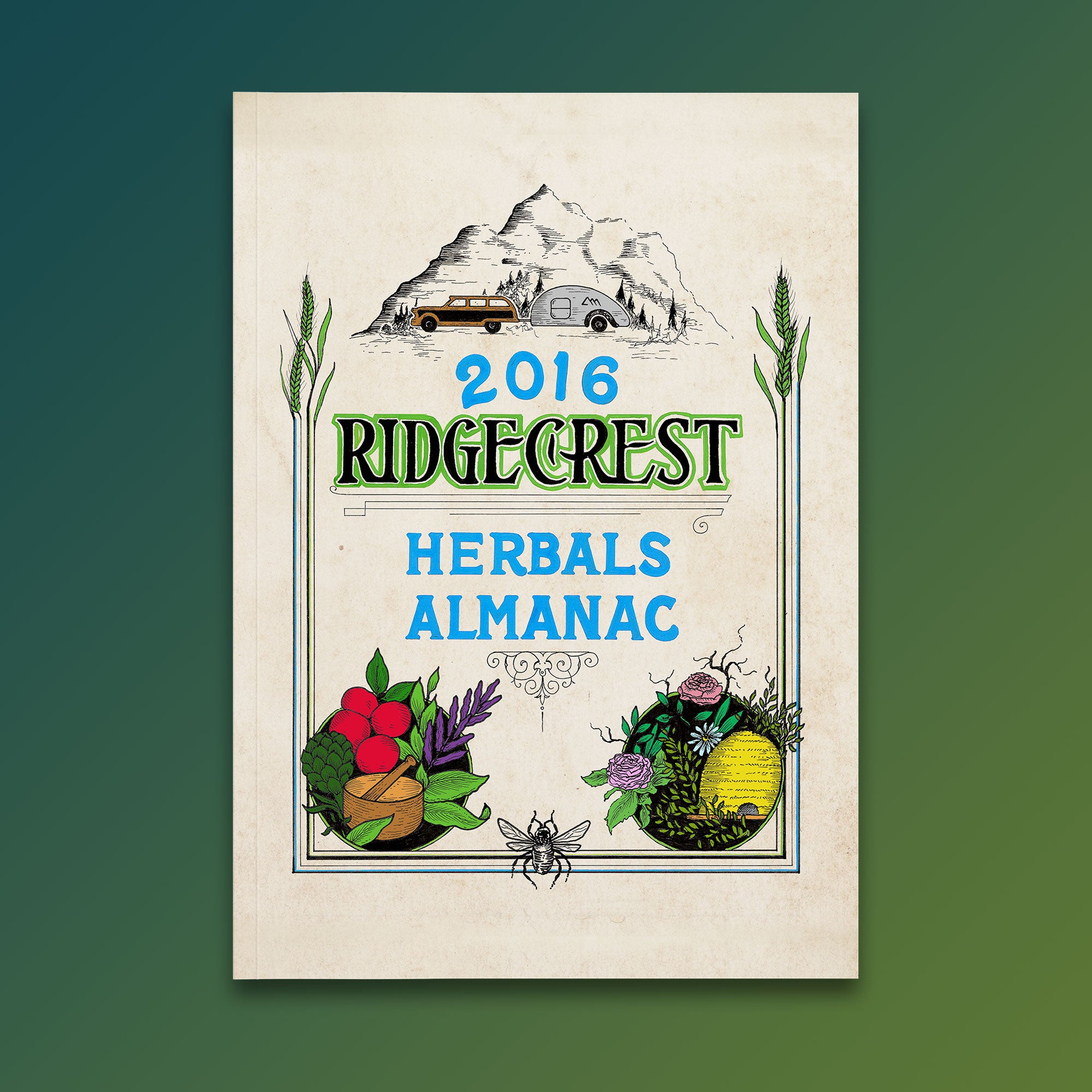 2016 almanac cover with botanical art, a vintage van, mountain, on aged parchment