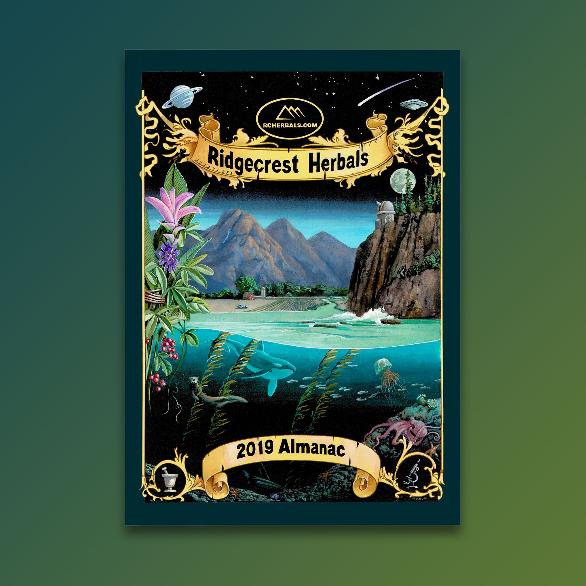 2019 almanac cover with vibrant mountain landscape, underwater scene, and lush flora on a dark background