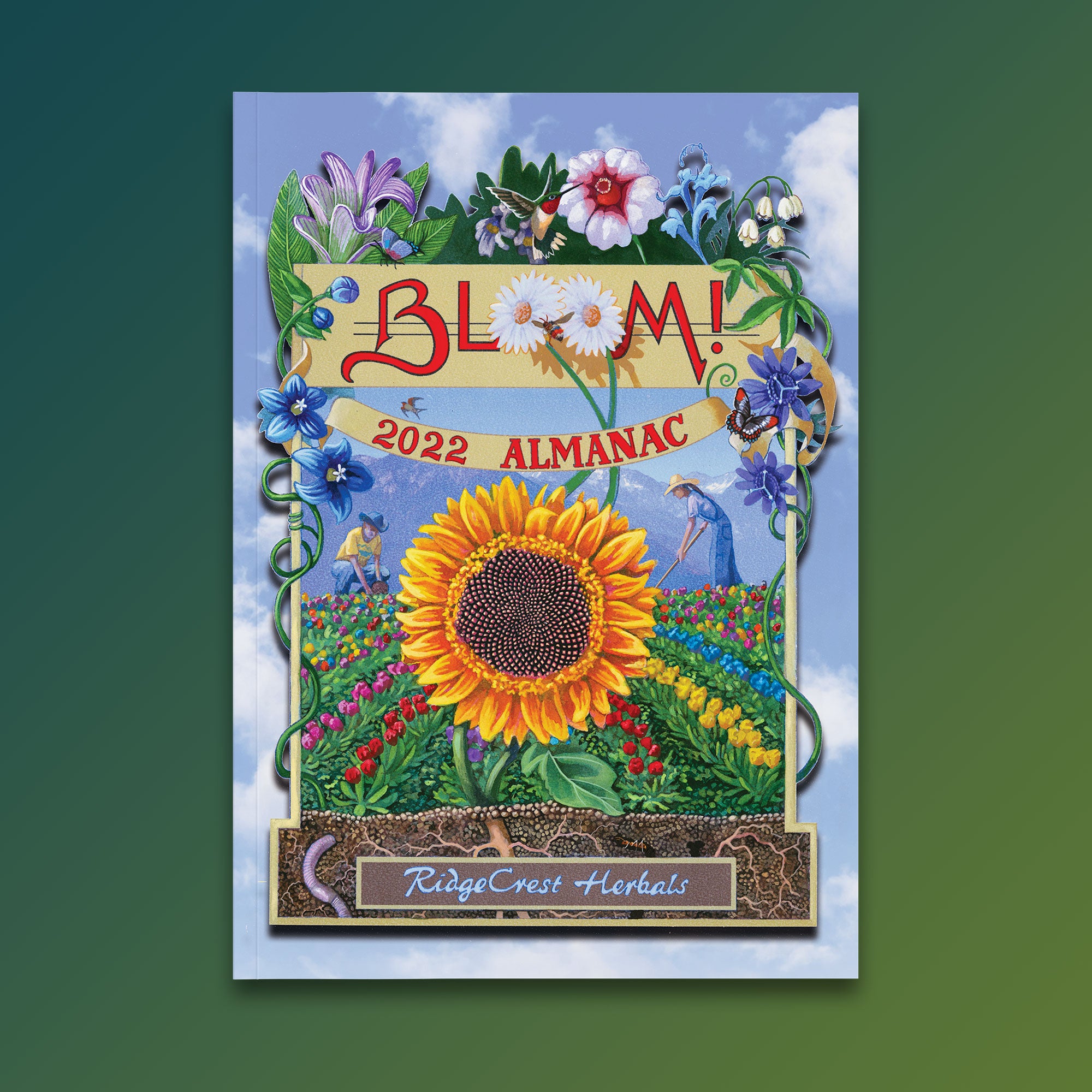 2022 'BLOOM' almanac cover with sunflower, mixed flowers, and vivid blue sky.