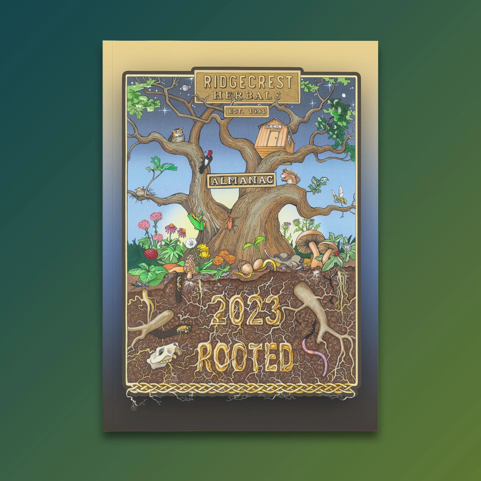 2023 'ROOTED' almanac cover featuring a detailed tree, diverse flora and fauna, and earthy tones  with ombre green background 