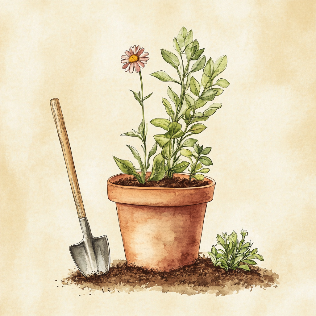 A watercolor illustration of a potted plant with a single flower, accompanied by a small shovel and soil, representing gardening and growth