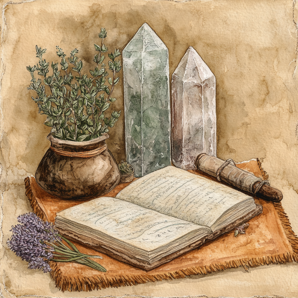 A vintage-style illustration featuring an open book, potted herbs, crystals, and a scroll.