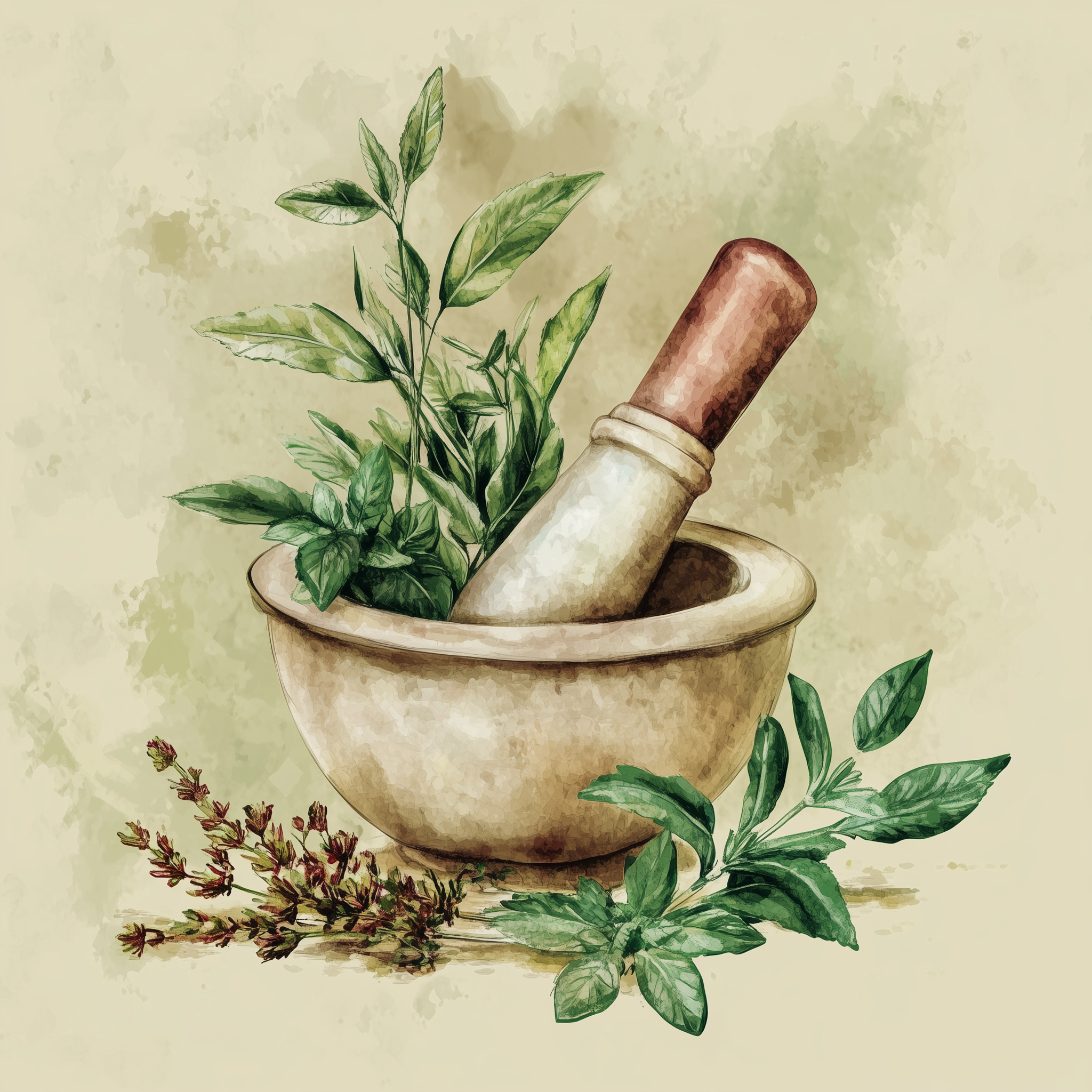 A watercolor-style illustration of fresh green herbs in a mortar with a pestle