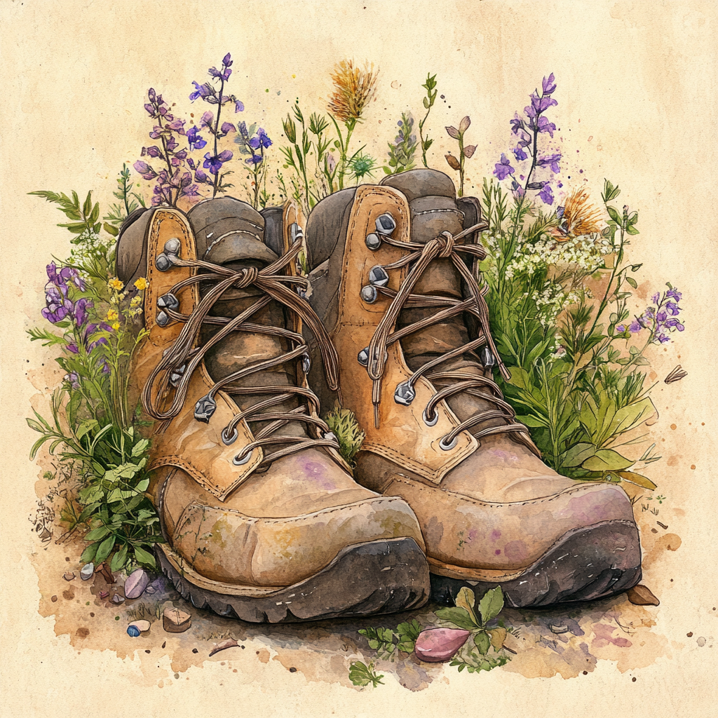 A pair of worn hiking boots resting in a patch of vibrant wildflowers, set against a parchment background,