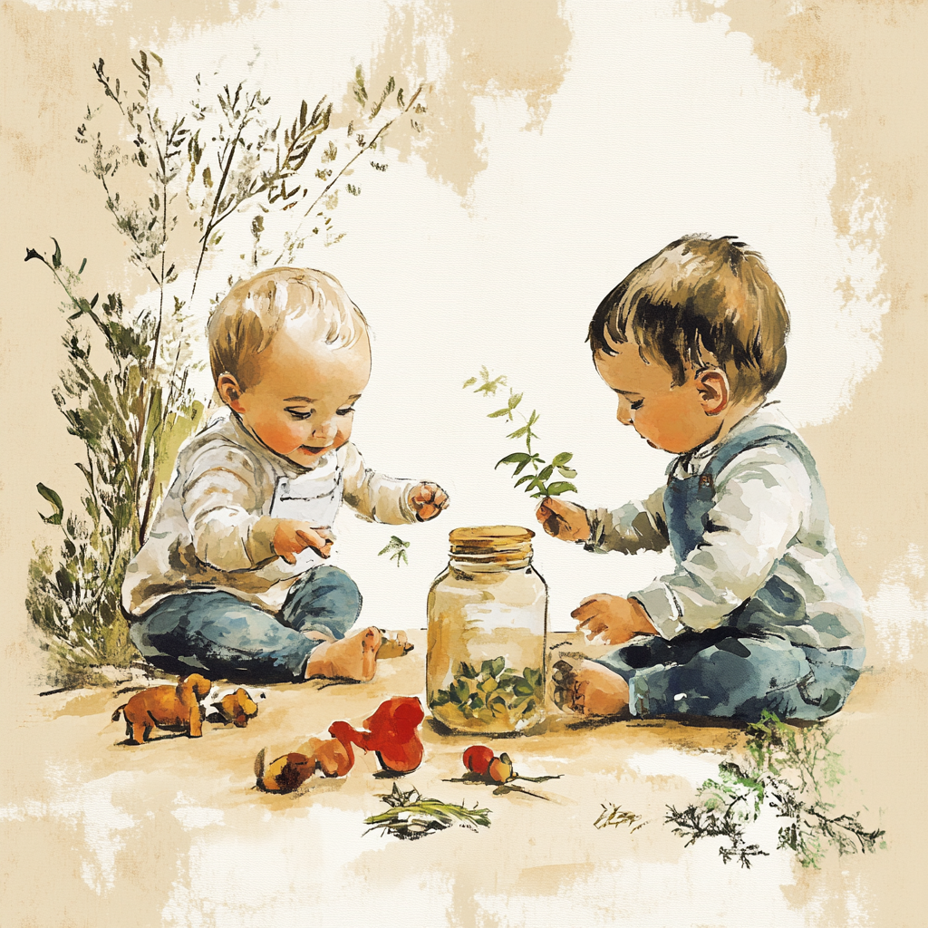 A watercolour painting of two toddlers sitting on the ground, exploring nature with leaves, a jar, and small toys