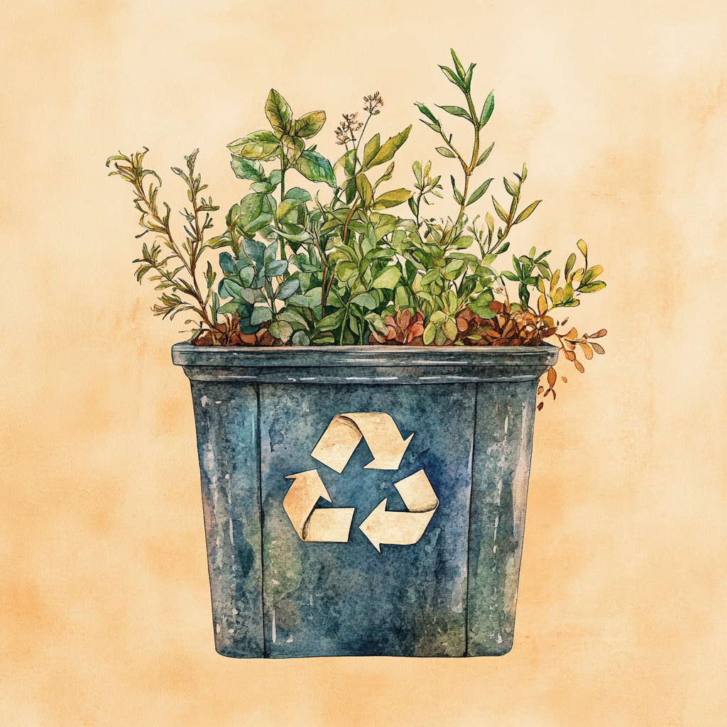 Watercolor illustration of a blue recycling bin filled with various herbs and plants.