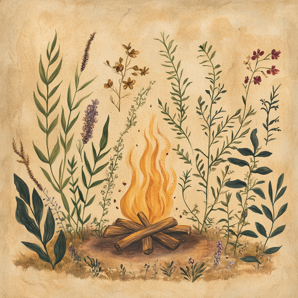 An illustration of a campfire surrounded by tall plants and wildflowers, set against a soft, earthy parchment background