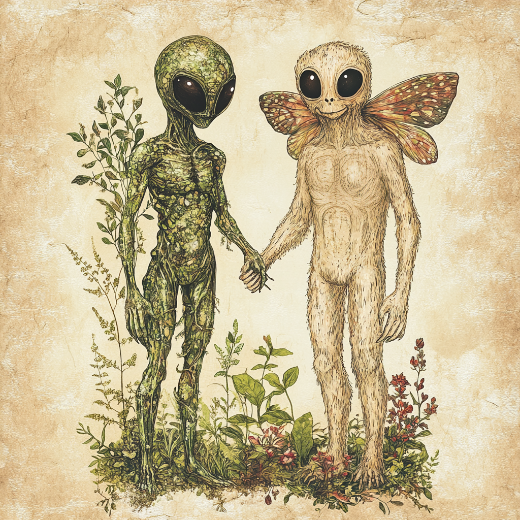 An imaginative illustration of two mythical creatures, one plant-like and one with butterfly wings, holding hands in a natural setting