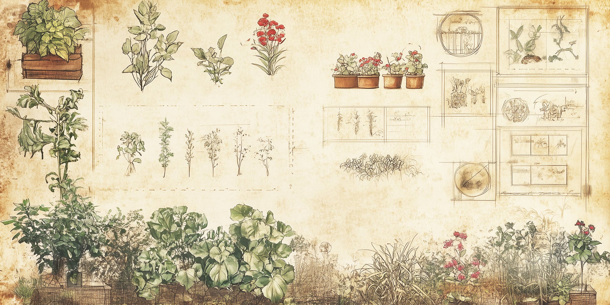 Illustrated garden scene with botanical sketches of various plants and flowers, detailed planting diagrams