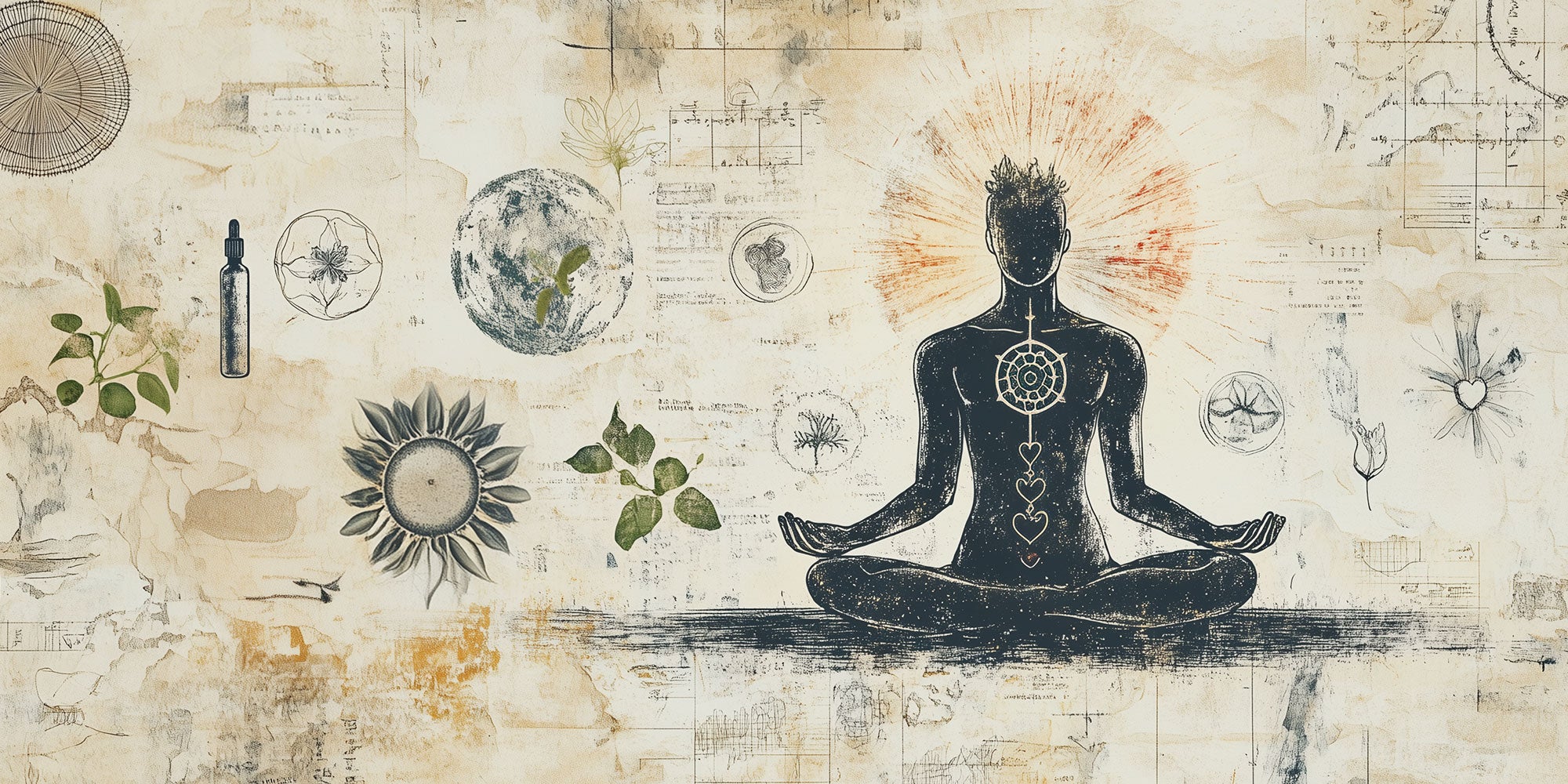 Illustration of a person meditating in a lotus position surrounded by botanical drawings