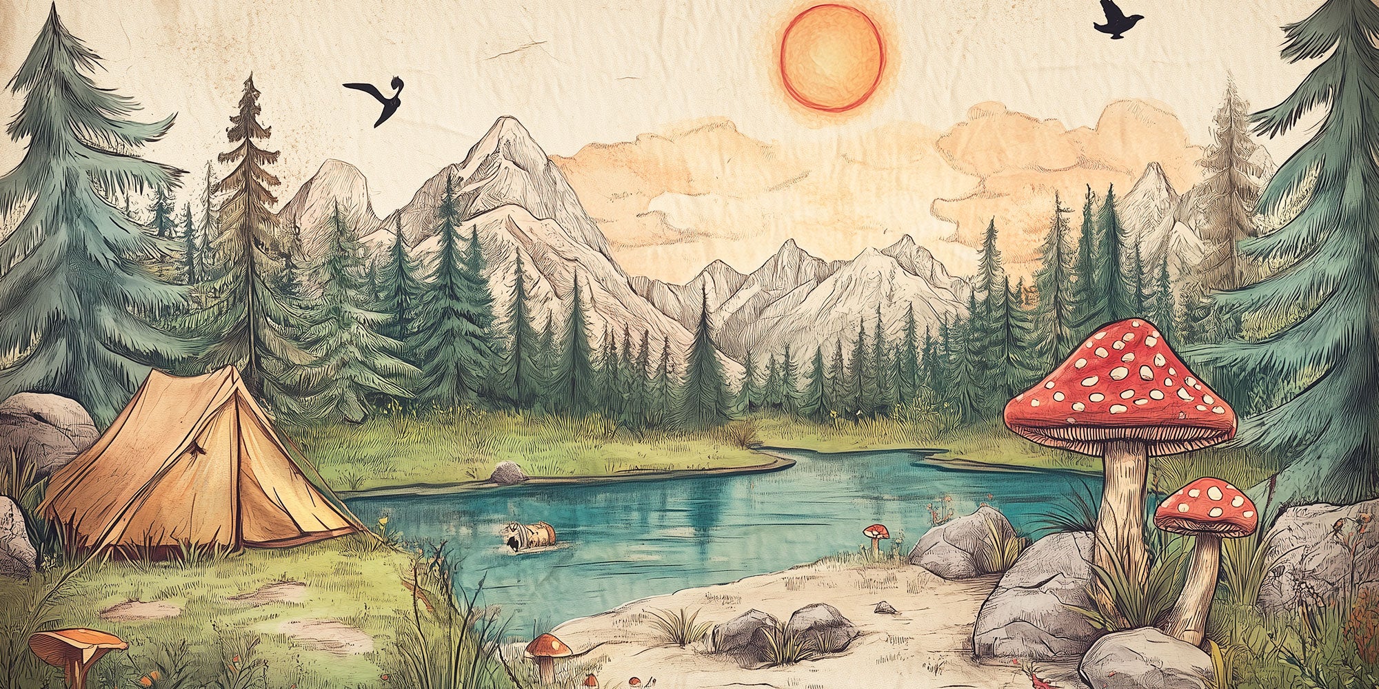 Illustrated forest scene with a tent by a river, surrounded by trees, mountains, mushrooms, and wildlife, with a bright sun and birds flying overhead.