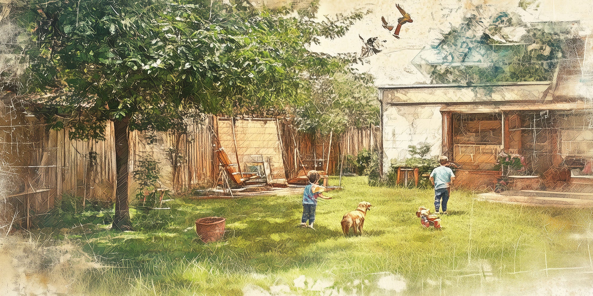 Aged illustration of children playing with a dog in a grassy and leafy backyard near a house.