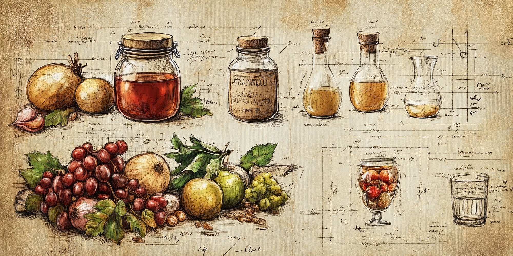 Vintage-style illustration featuring jars, bottles, and various fruits and vegetables on a sketchy, scientific background