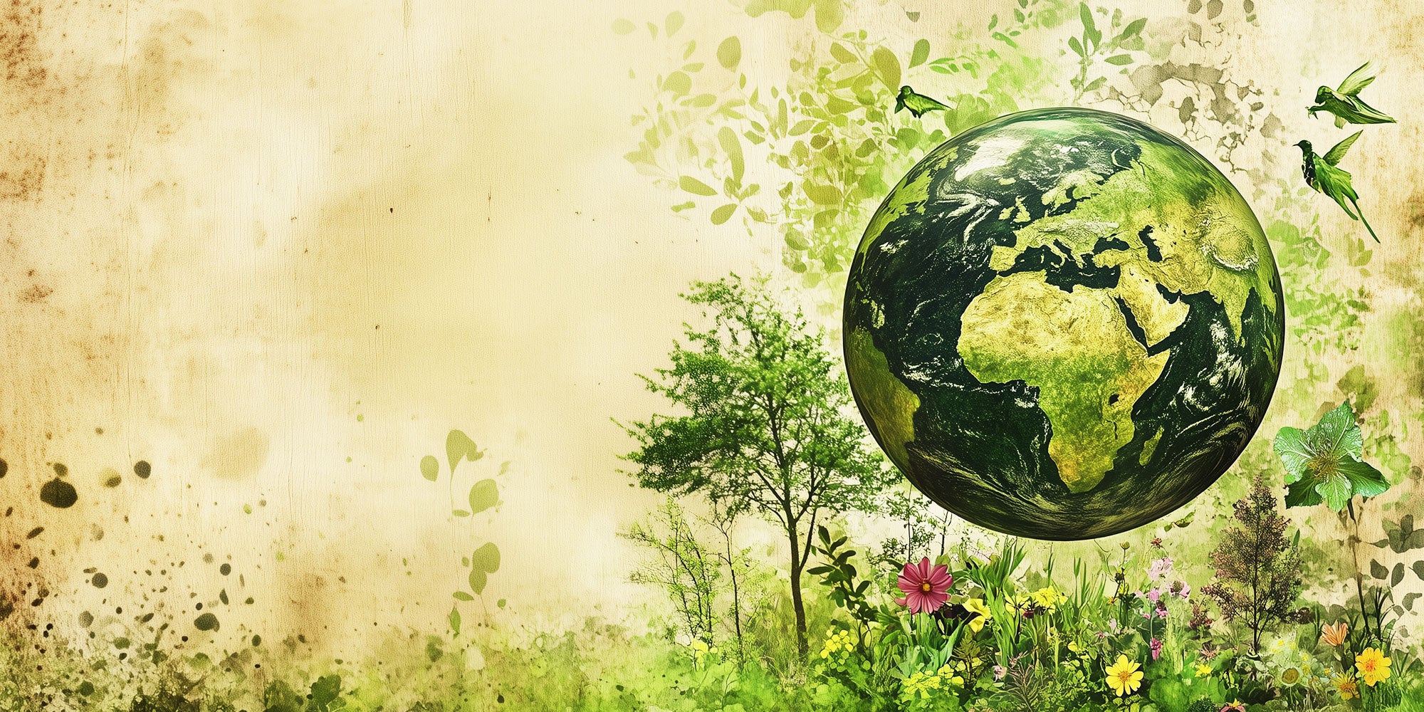 Vintage soft illustration of a globe surrounded by greenery, trees, flowers, and birds, symbolizing sustainability