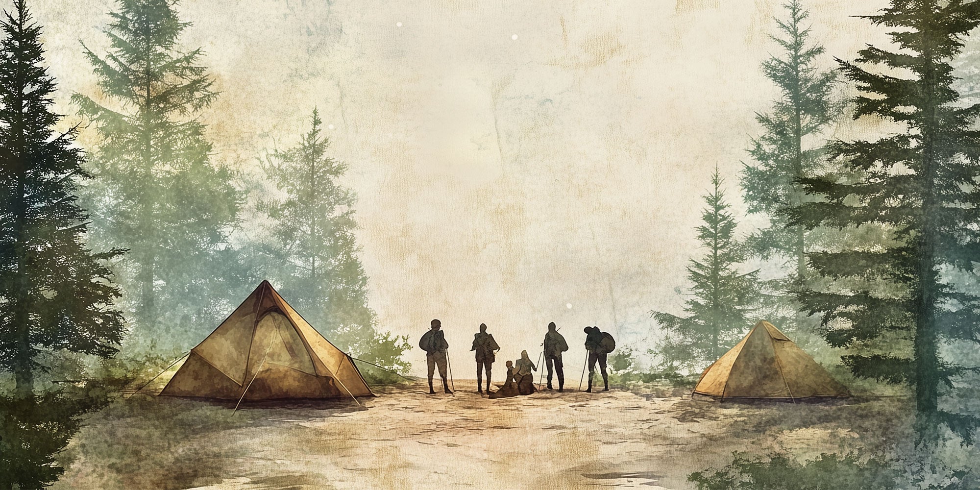 Artistic illustration of a camping scene with tents, trees, and a group of hikers in the forest