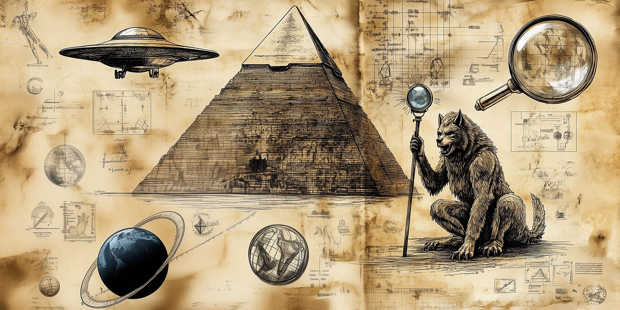 Surreal illustration of a pyramid, UFO, werewolf holding magnifying glass, and planetary symbols in an antique, sketchy style.