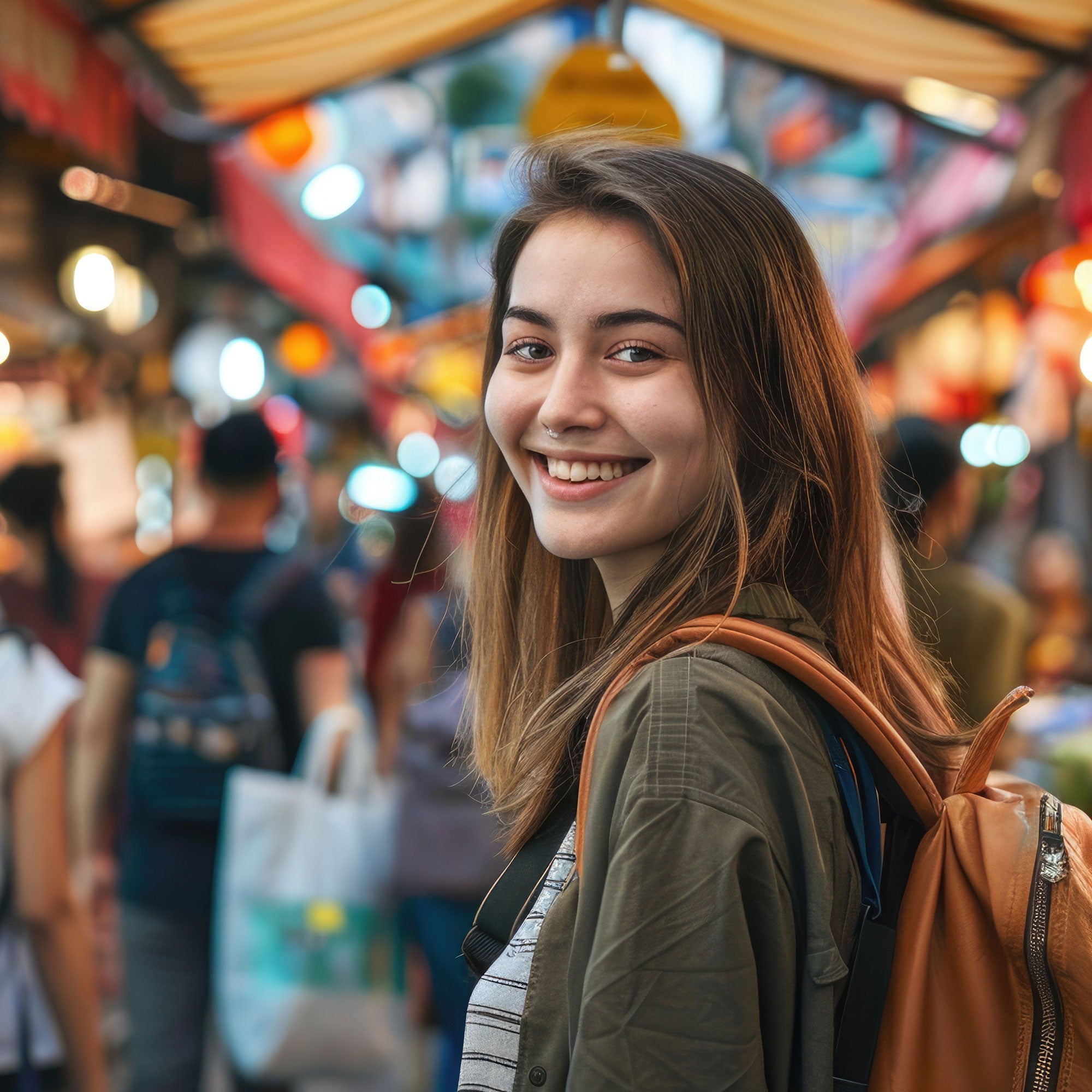 Smiling young woman with long light brown hair, wearing a nose ring and a tan backpack, walks through a vibrant, crowded market. 