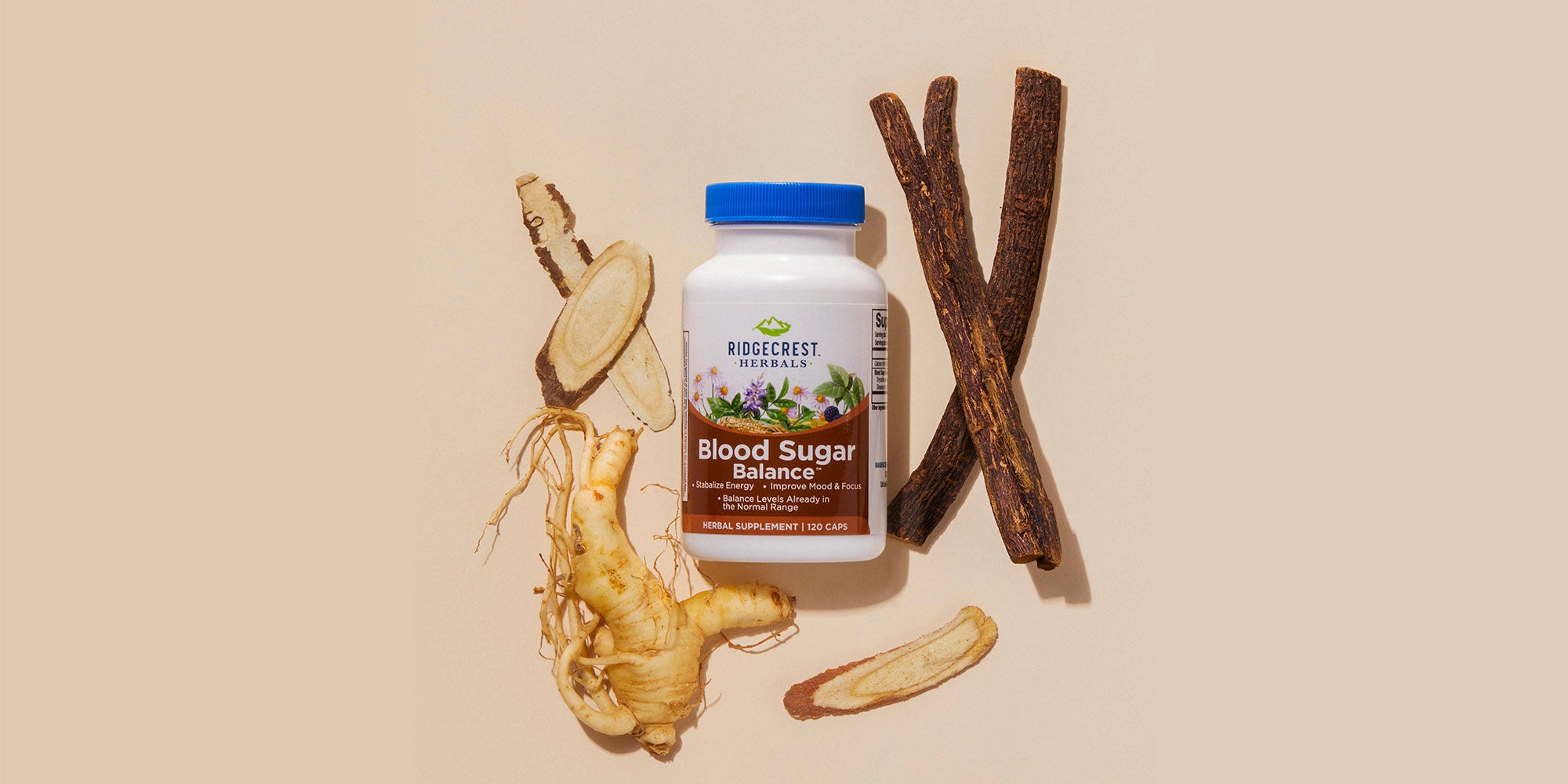 Blood Sugar Balance supplement is displayed with ginseng roots and licorice sticks, set against a beige background.