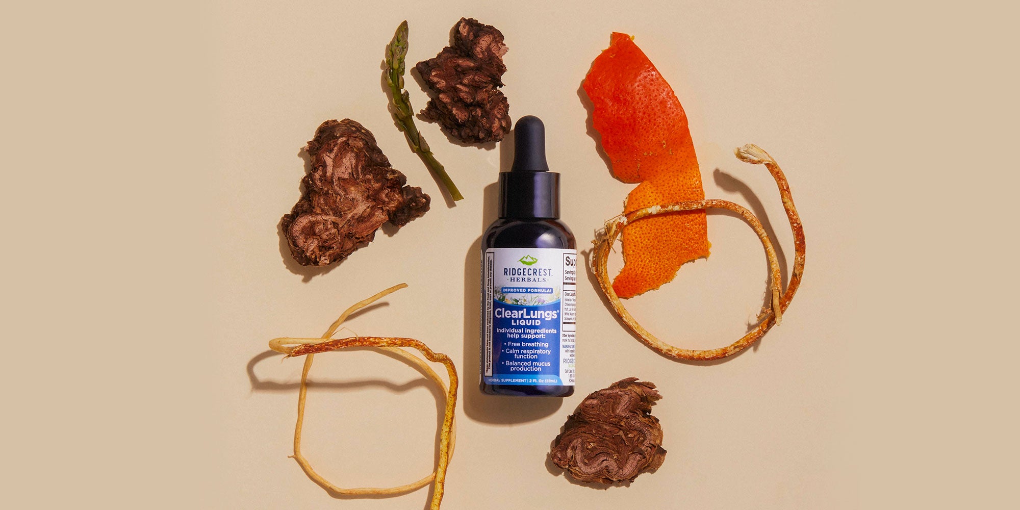 ClearLungs Liquid supplement is displayed with dried herbs, orange peel, and cordyceps, set against a beige background.