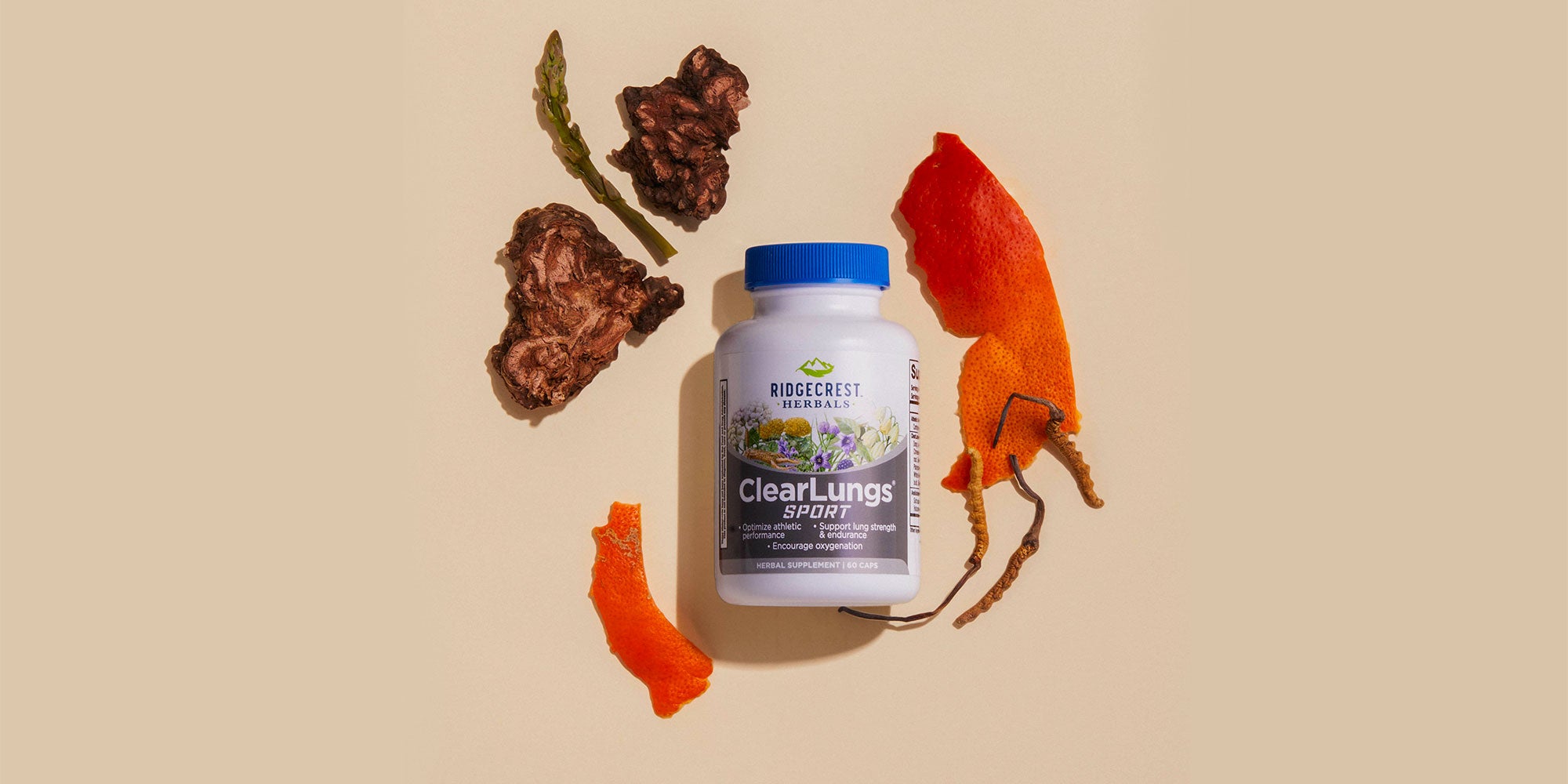 ClearLungs Sport supplement is displayed with dried herbs, orange peel, and cordyceps, set against a beige background.