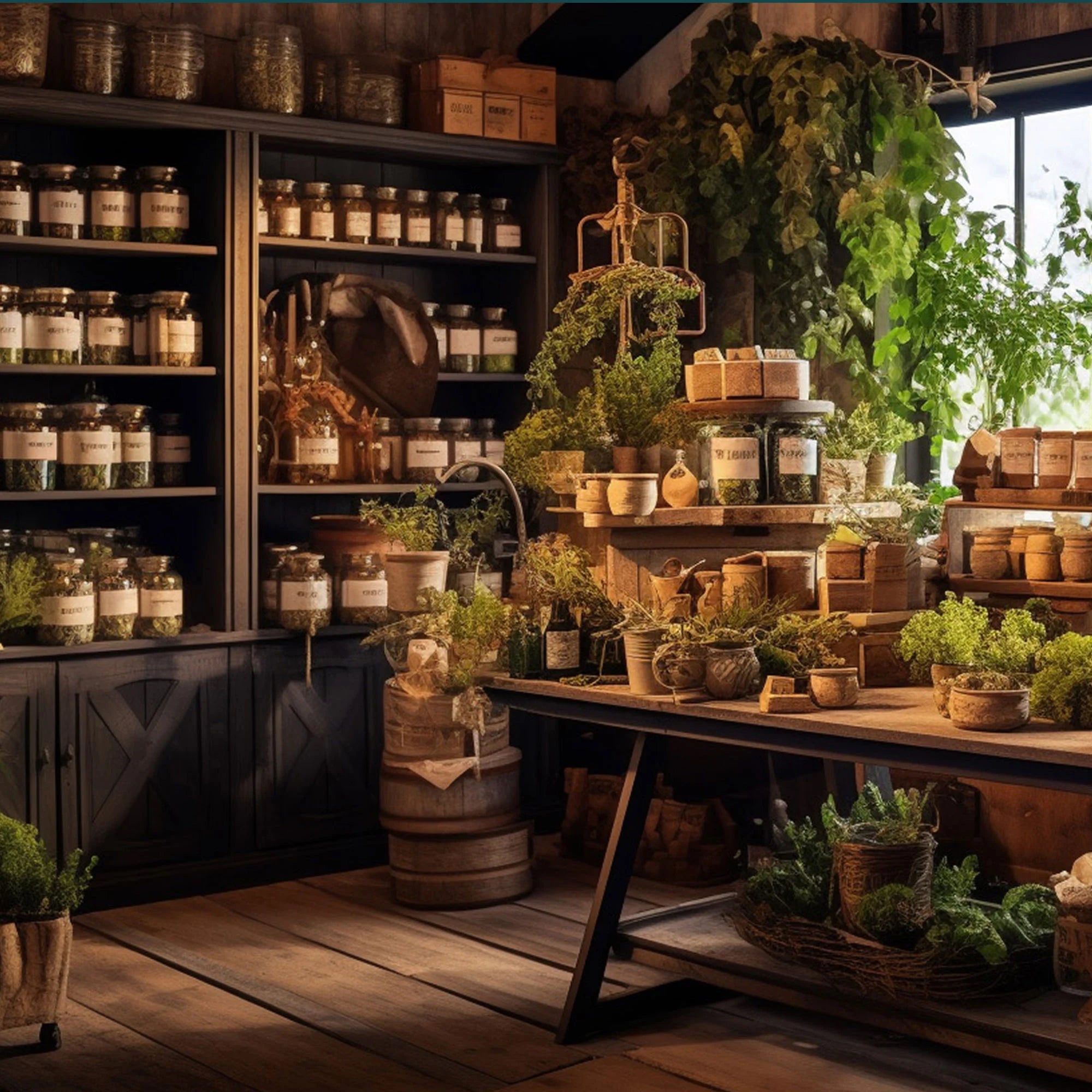 A rustic herbal apothecary filled with plants and jars of herbs. Warm natural light from the large window.