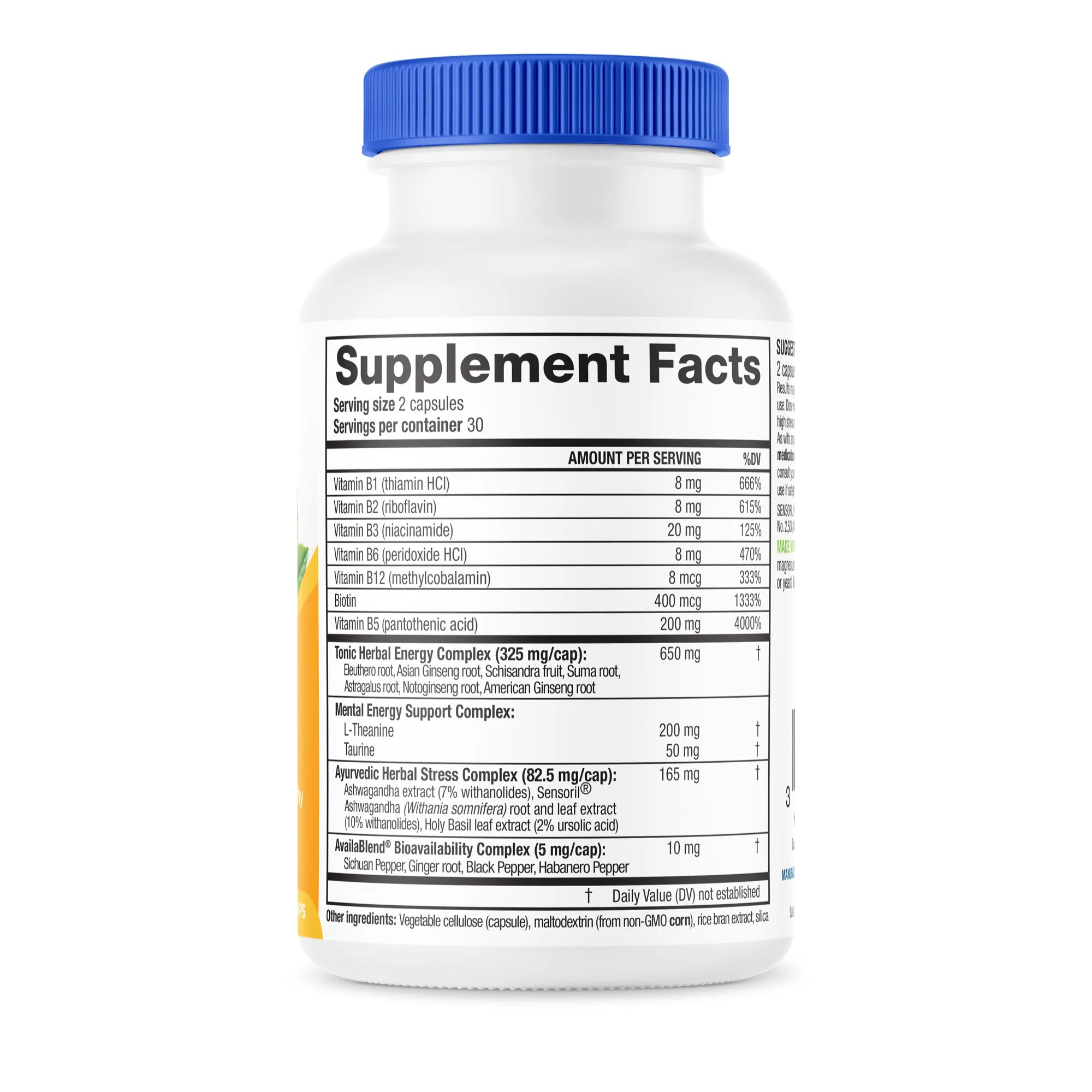 Close-up of AdrenaLove's nutrition label showing detailed ingredient and dosage information.