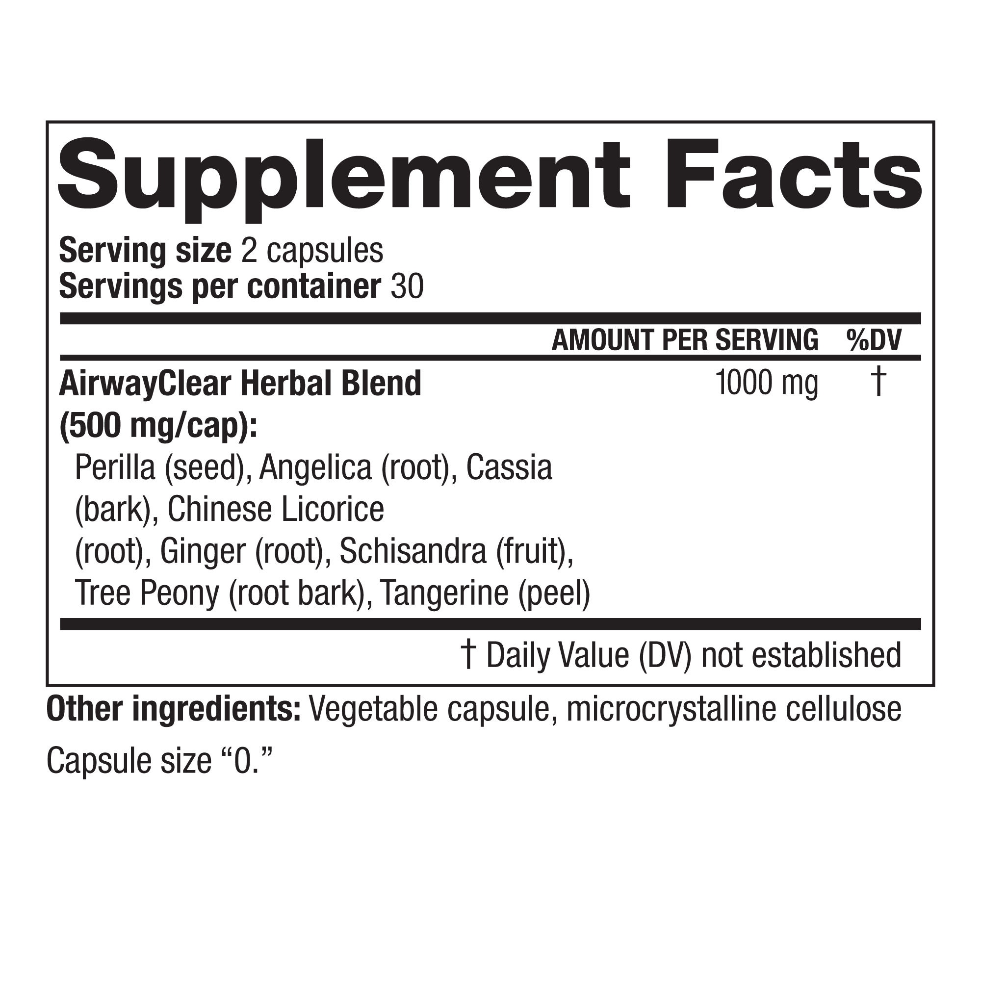 A standard black-and-white "Supplement Facts" panel graphic for an "AirwayClear Herbal Blend," listing ingredients