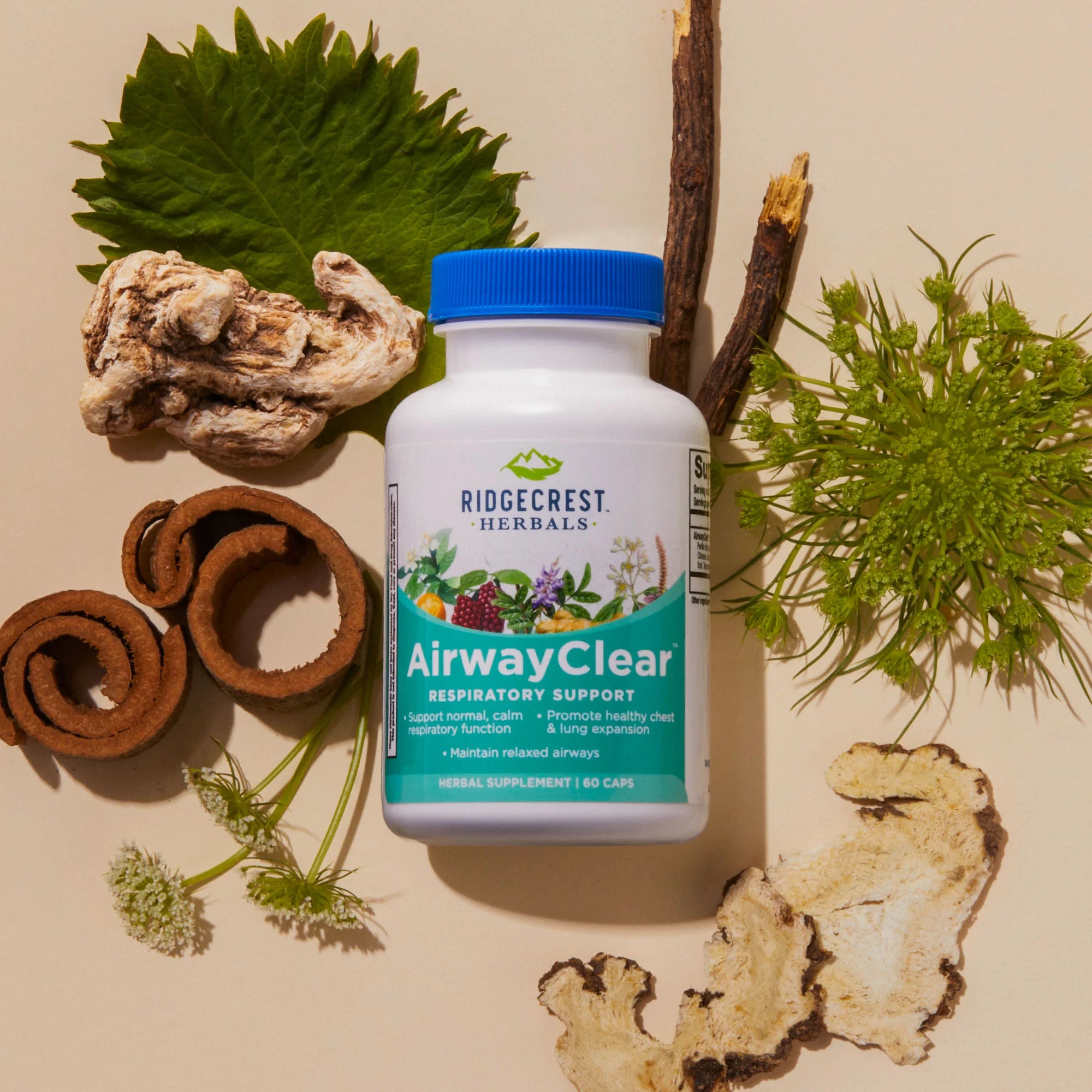 AirwayClear supplement is displayed with dried herbs, cinnamon bark, and green leaves, set against a beige background.