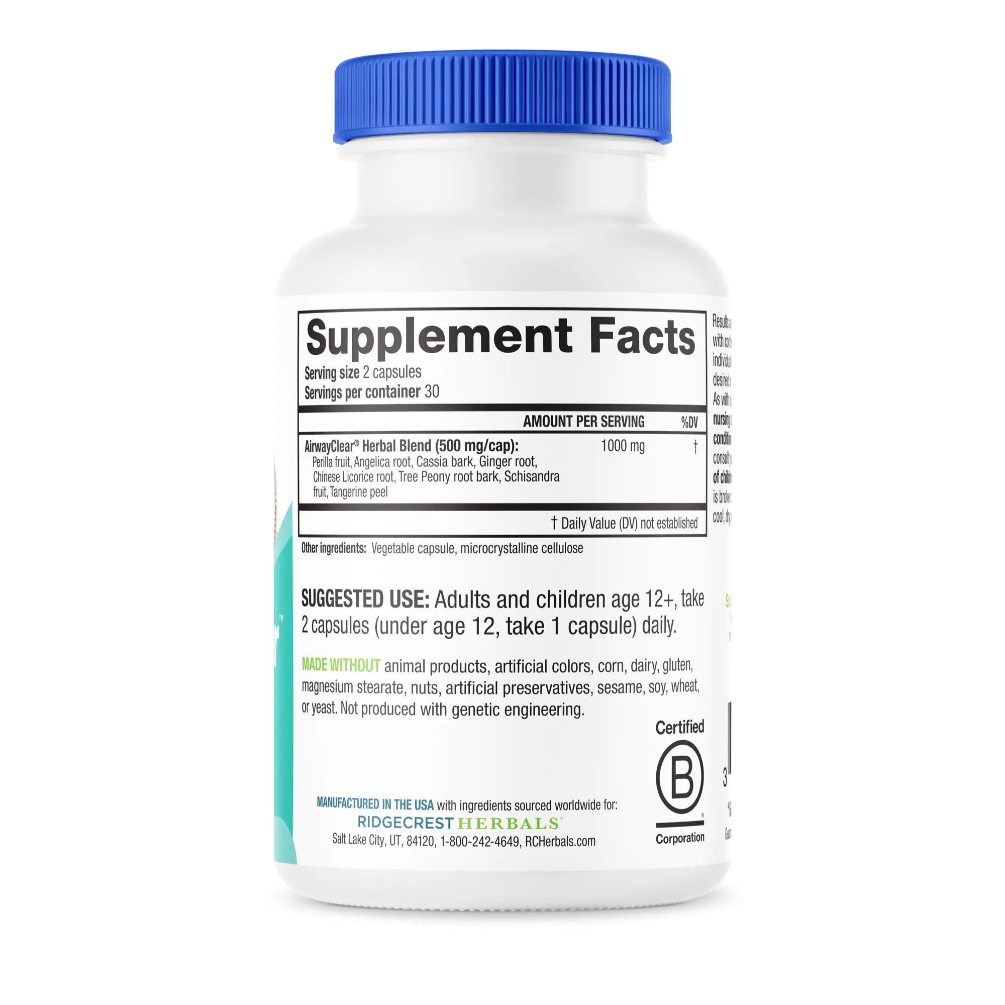 Close-up of Airway Clear's nutrition label showing detailed ingredient and dosage information.