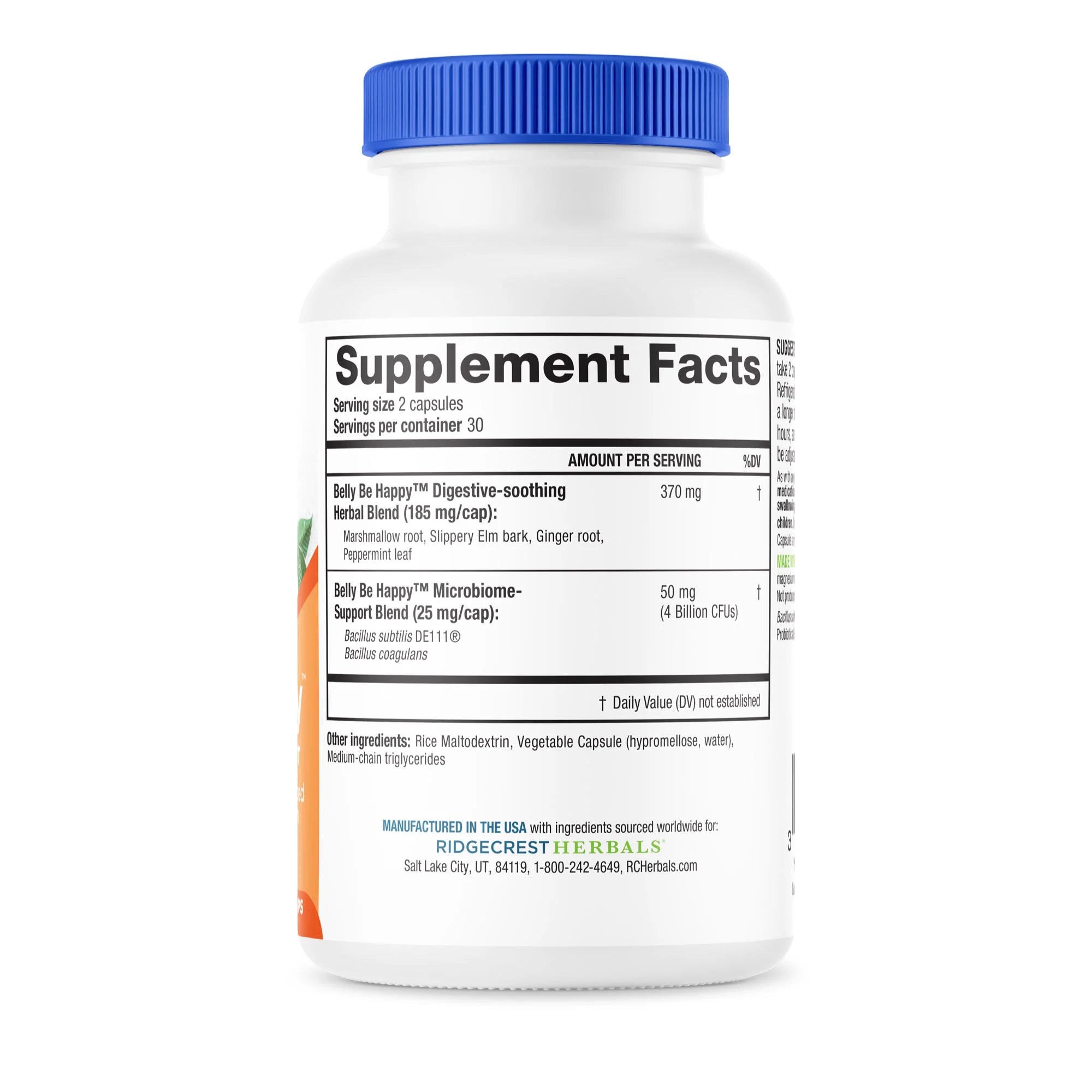 Close-up of Belly Be Happy's nutrition label showing detailed ingredient and dosage information.