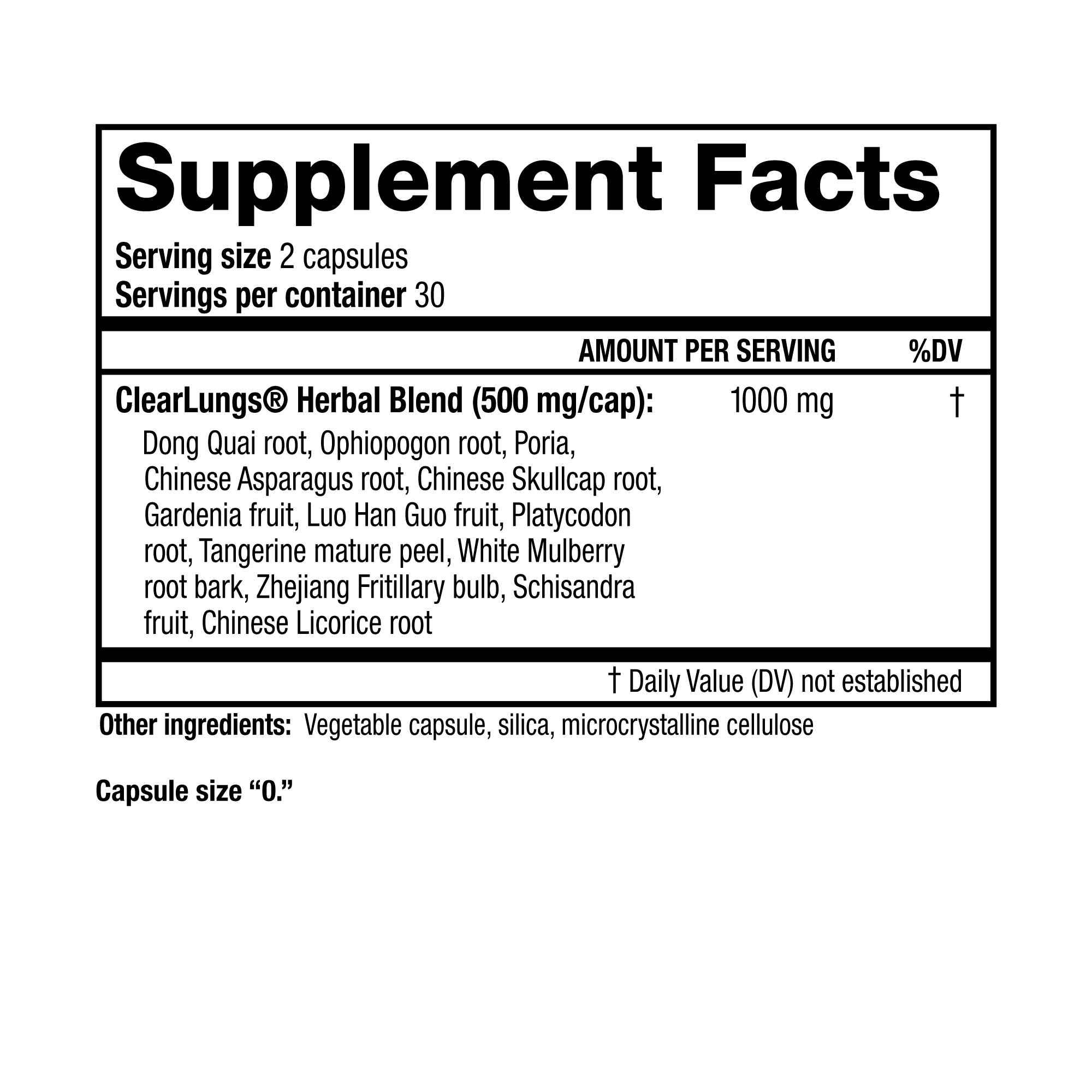 A standard black-and-white "Supplement Facts" panel graphic for ClearLungs Classic.
