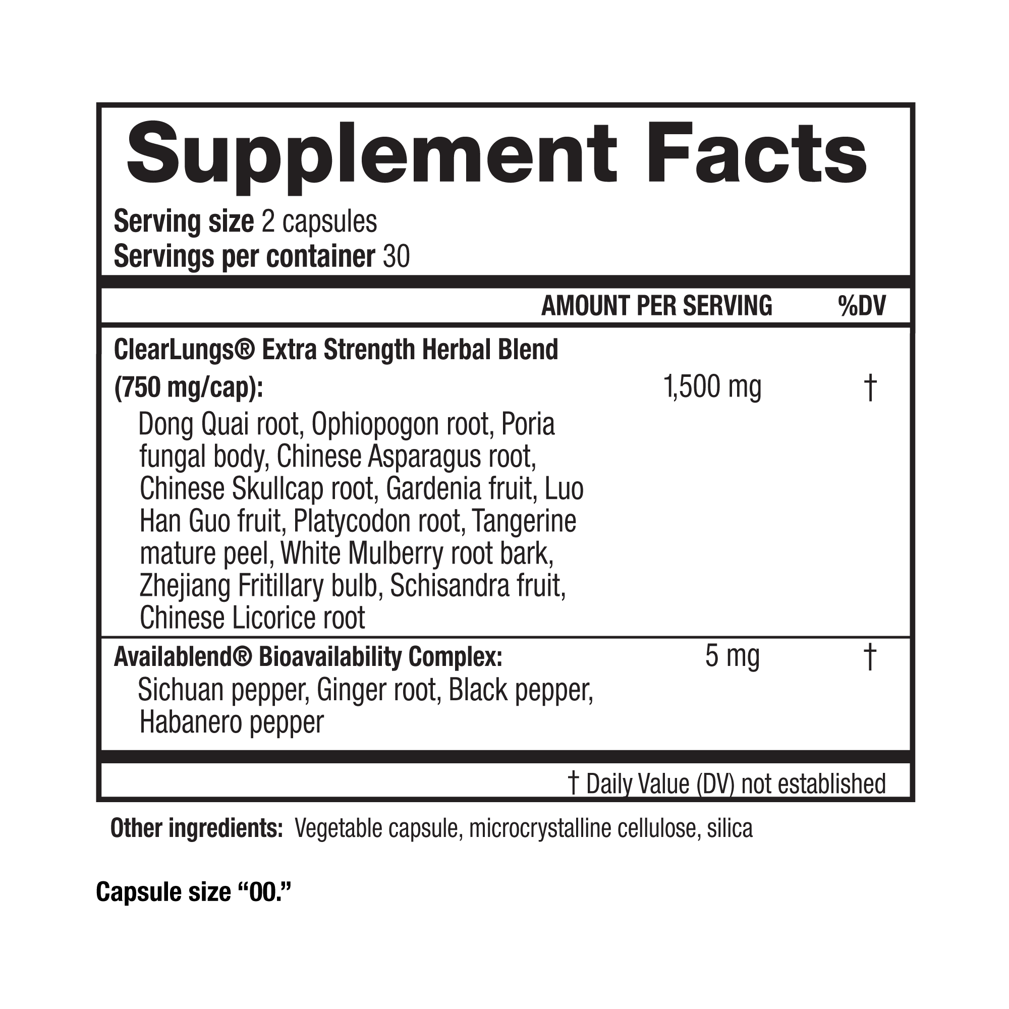 A standard black-and-white "Supplement Facts" panel graphic for ClearLungs Extra Strength.