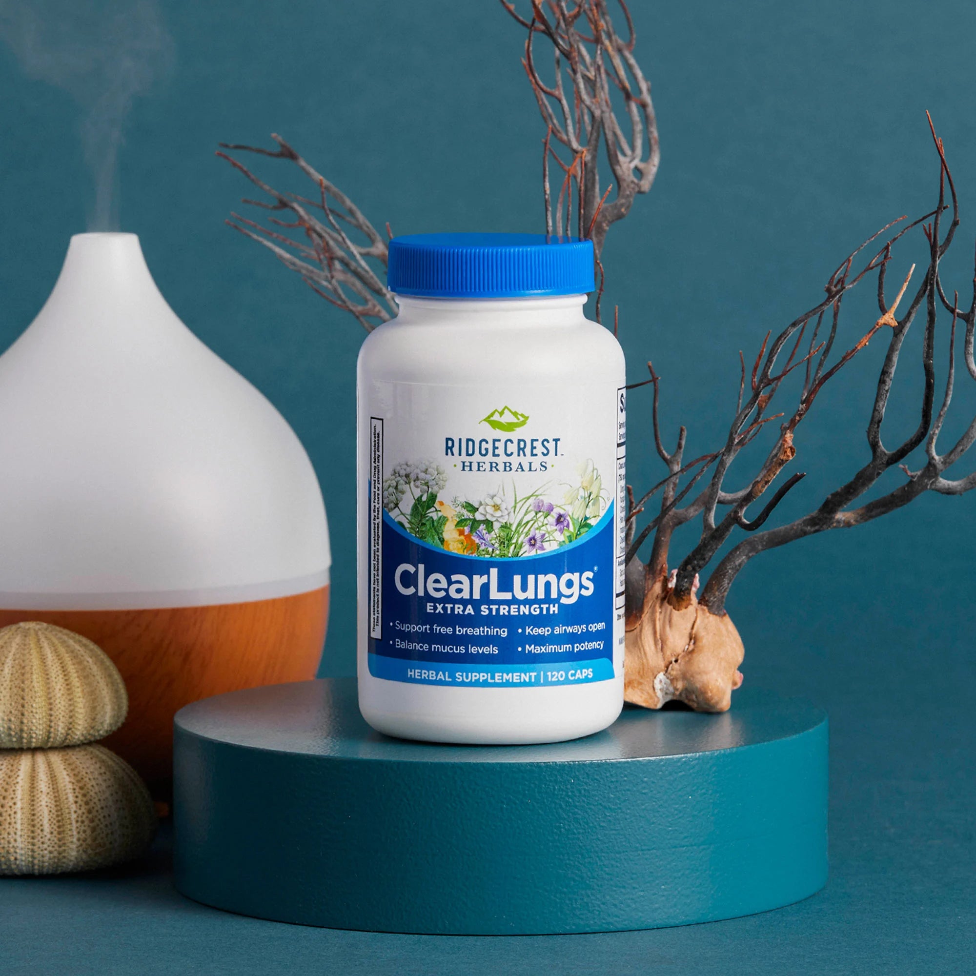 ClearLungs Extra Strength supplement is displayed with a modern oil diffuser, sea urchin shells, and dried branches, set against a teal background.