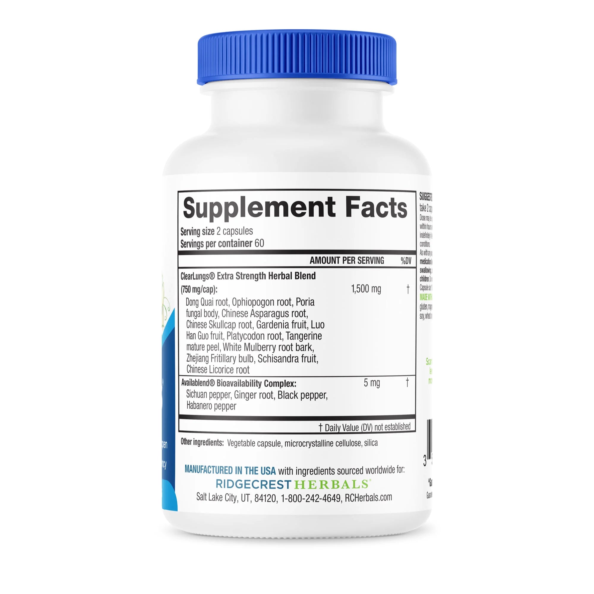 Close-up of ClearLungs Extra Strength's nutrition label showing detailed ingredient and dosage information.