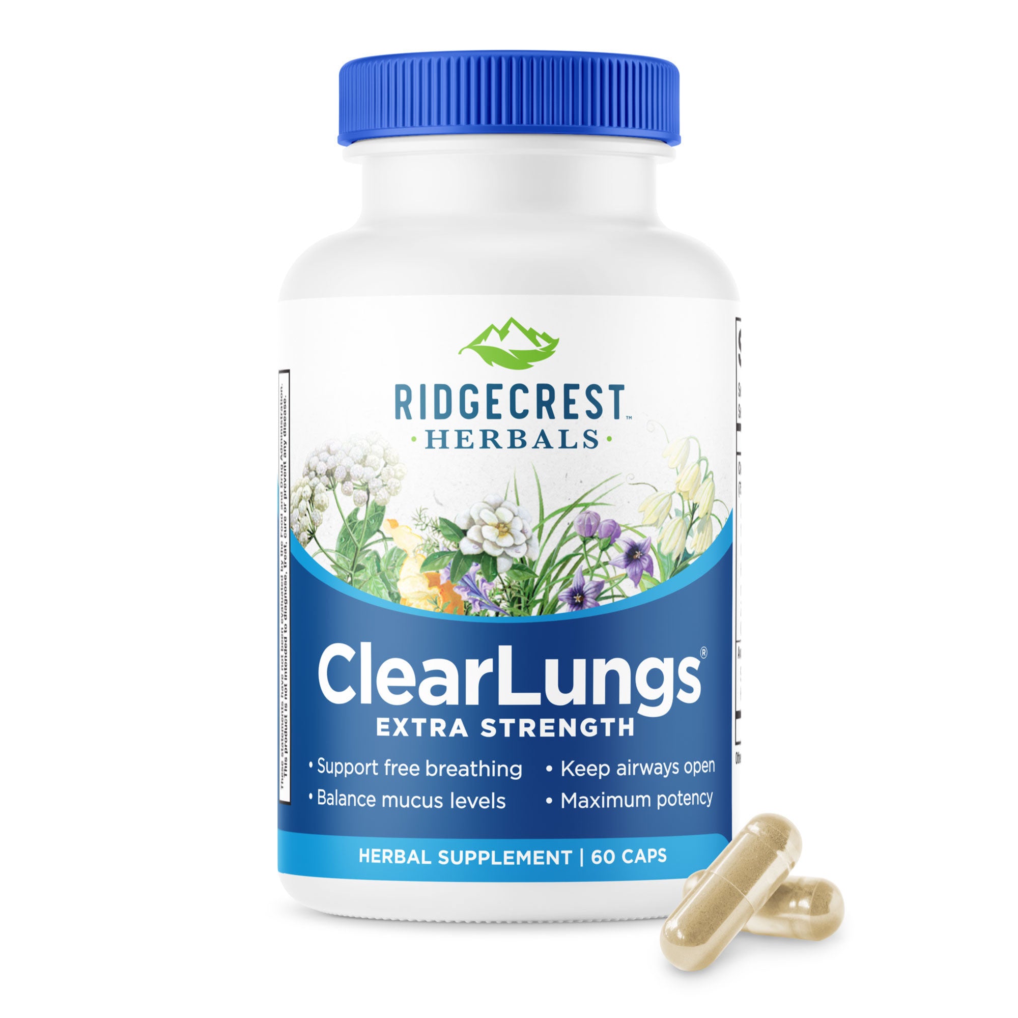 ClearLungs Extra Strength supplement bottle on a white background, with two capsules in front