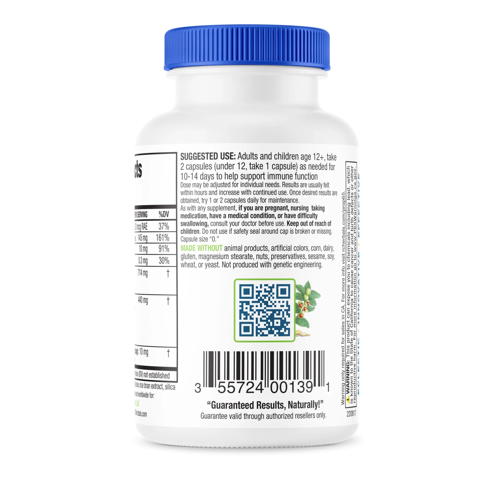  ClearLungs Immune bottle showing usage instructions, manufacturing details, and a QR code for more information.