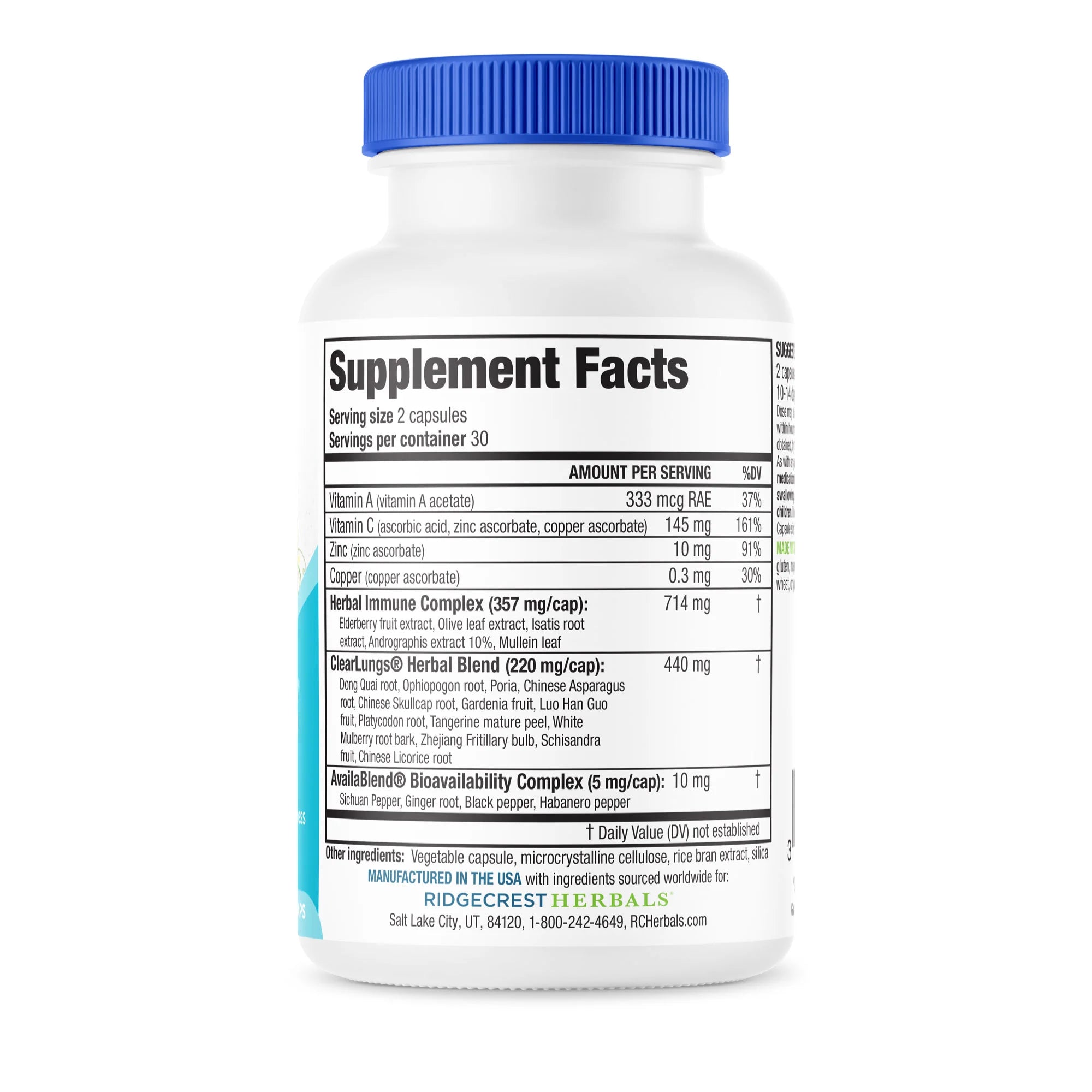 Close-up of ClearLungs Immune's nutrition label showing detailed ingredient and dosage information.