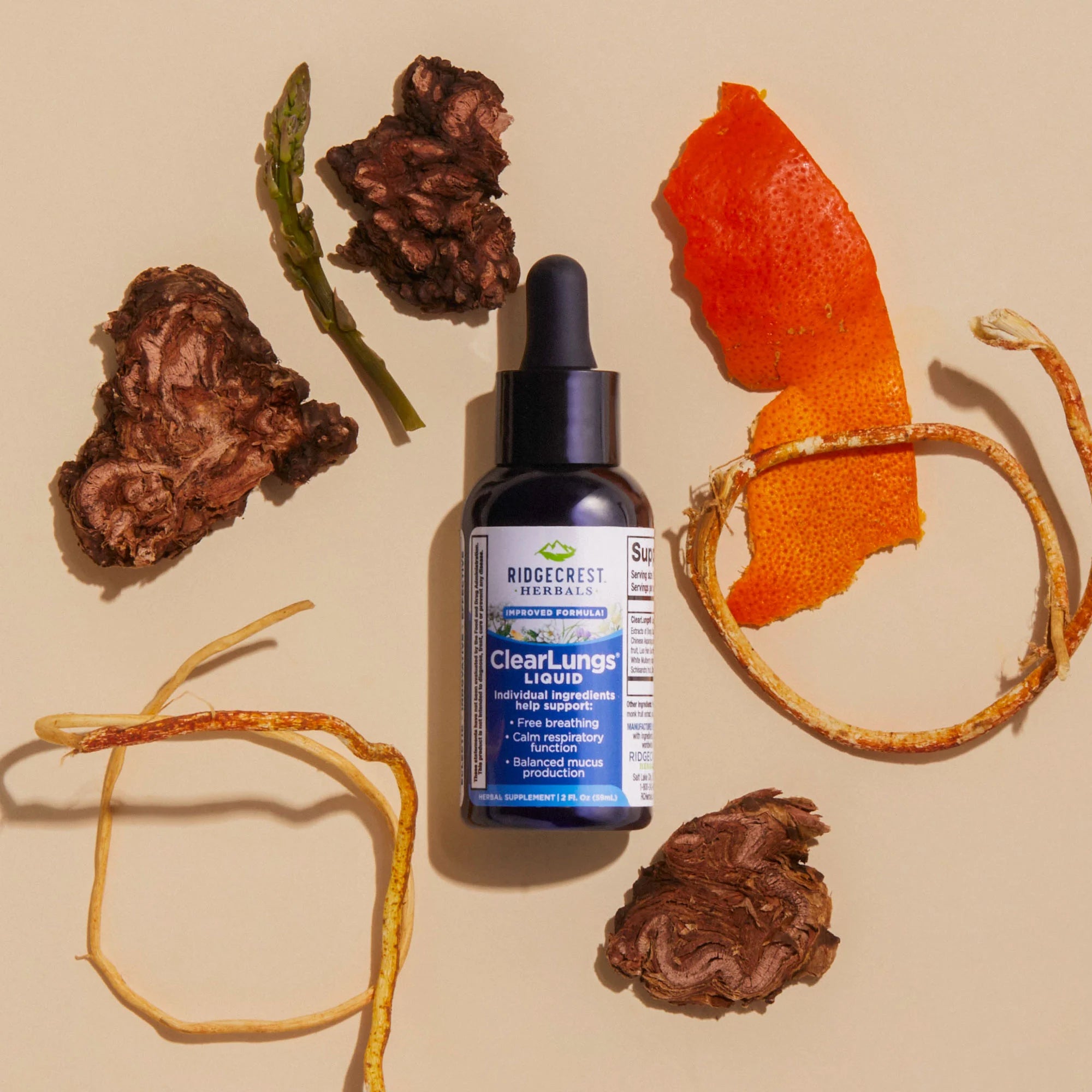 ClearLungs Liquid supplement is displayed with dried herbs, orange peel, and cordyceps, set against a beige background.