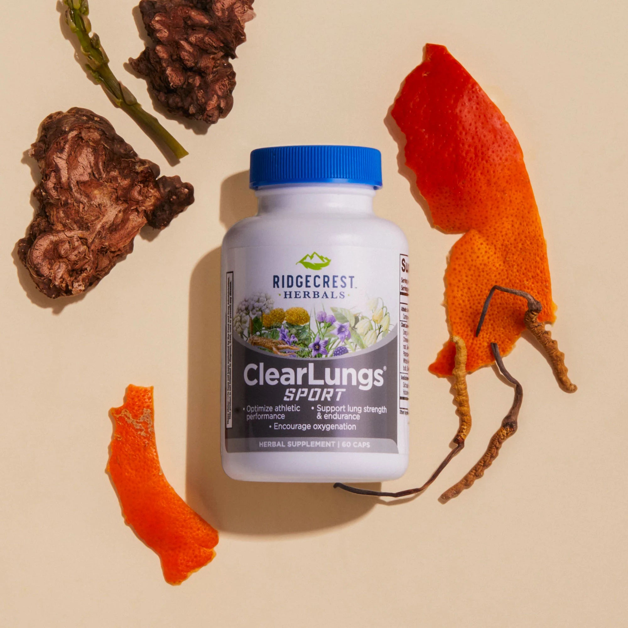 ClearLungs Sport supplement is displayed with dried herbs, orange peel, and cordyceps, set against a beige background.