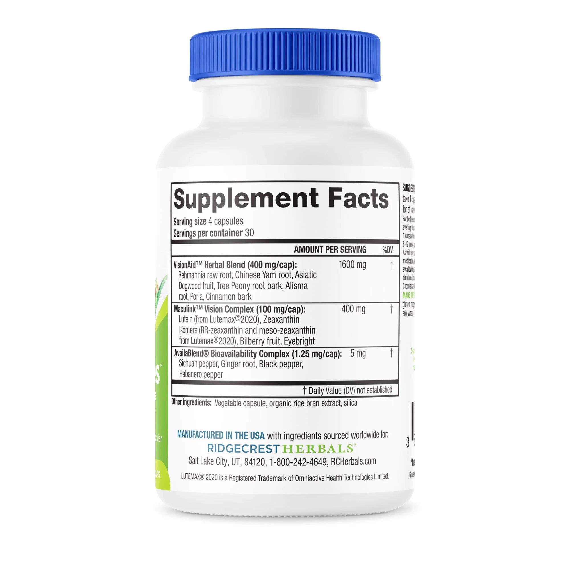 Close-up of Essential Eyes' nutrition label showing detailed ingredient and dosage information.