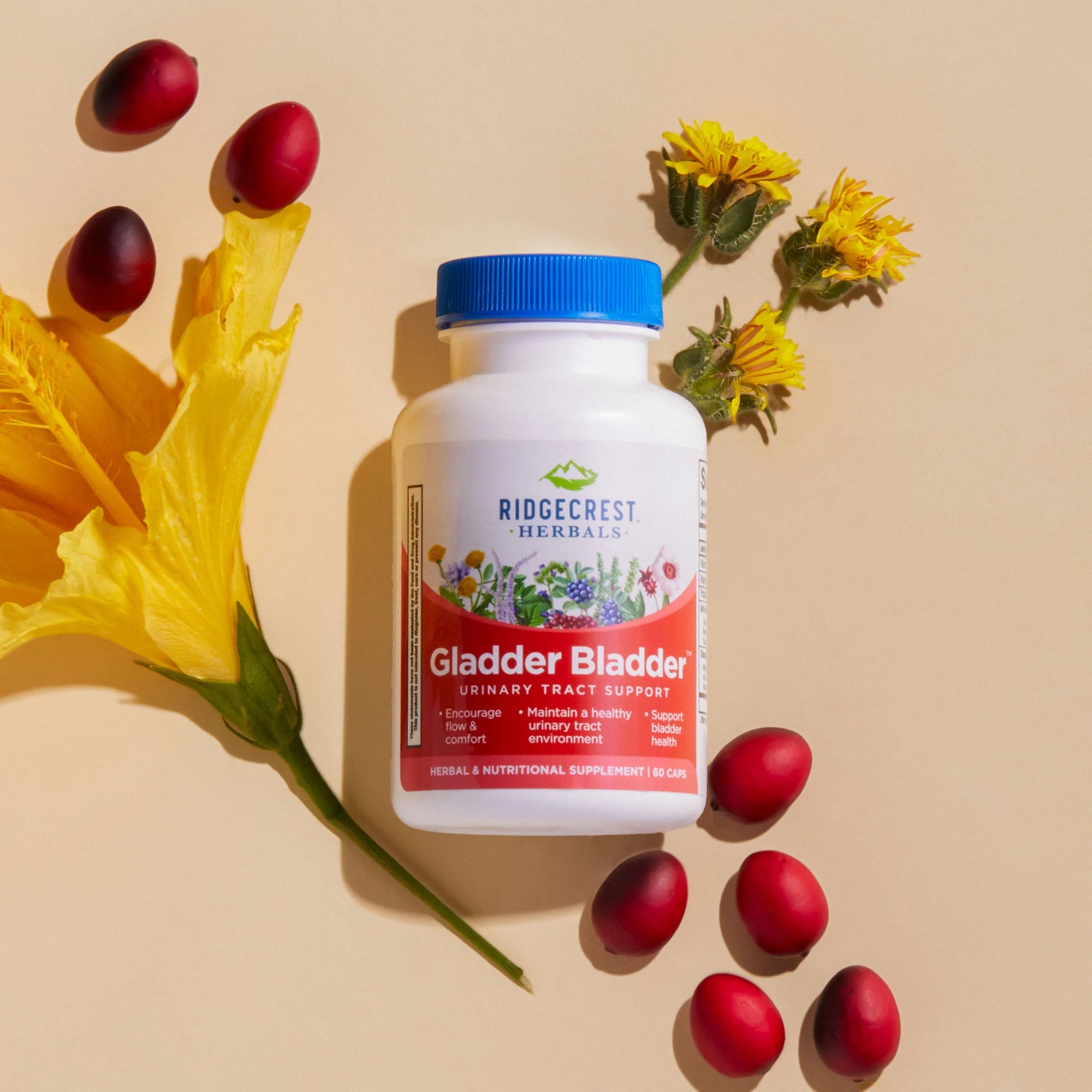 Gladder Bladder bottle is displayed with yellow hibiscus, yellow dandelion flowers, and scattered cranberries, against a beige background.