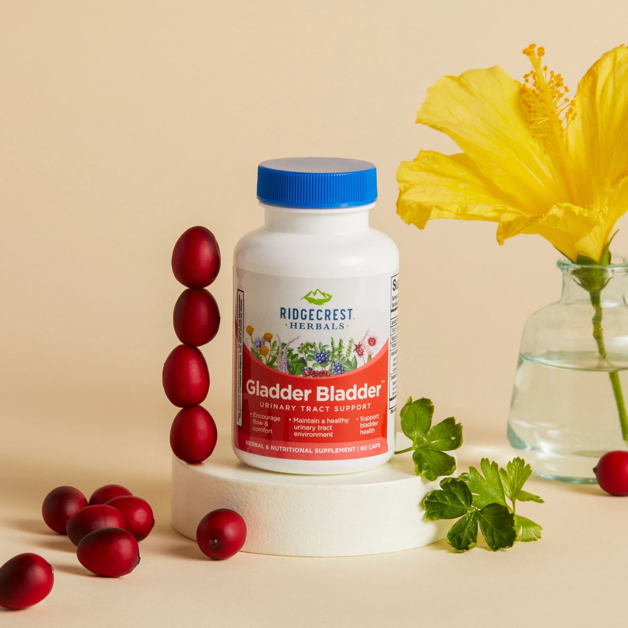 Gladder Bladder bottle is displayed with stacked cranberries, a yellow hibiscus flower in a vase, and fresh parsley leaves, against a beige background.