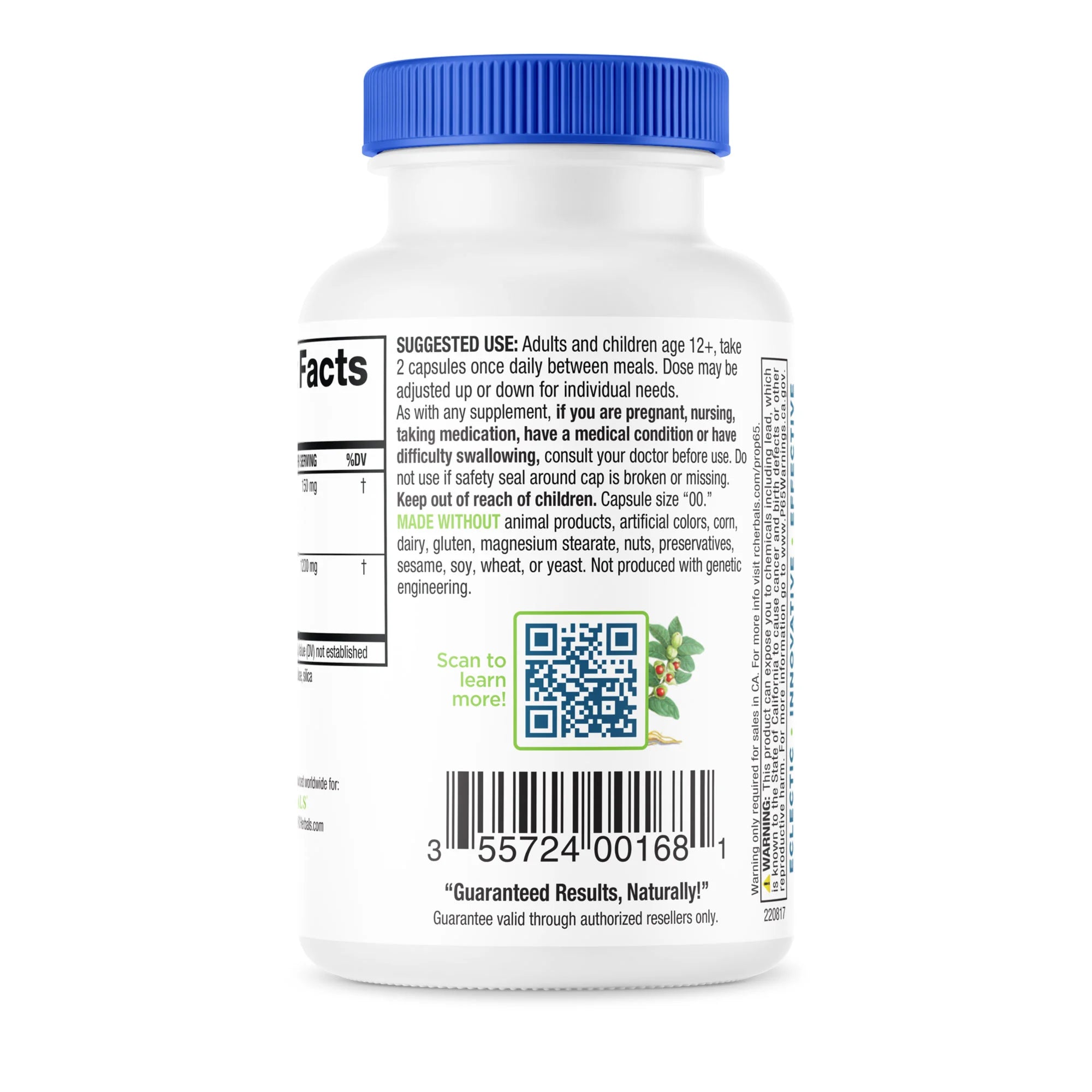 Close-up of the back of a KidneyAid's bottle showing usage instructions, manufacturing details, and a QR code for more information.