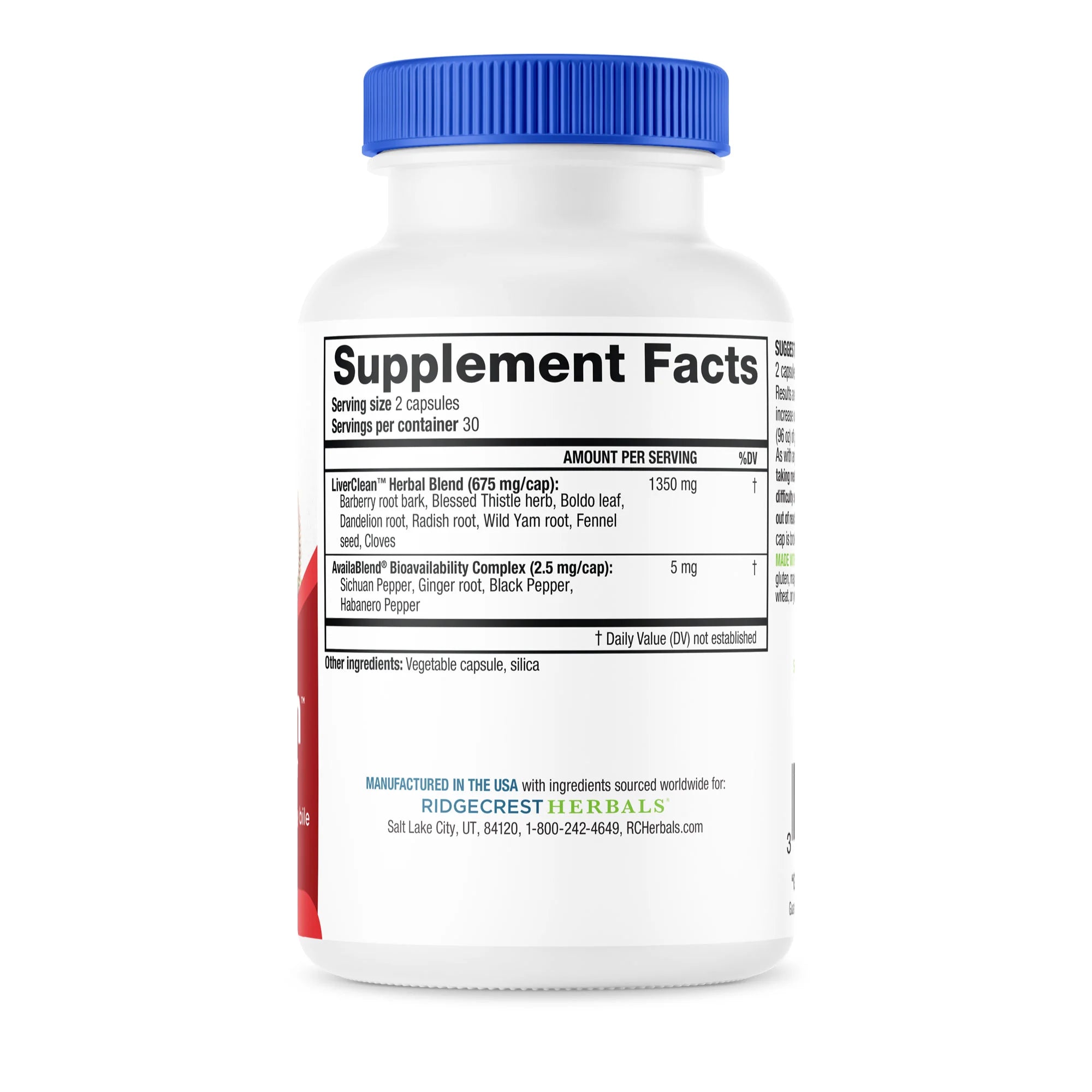 Close-up of LiverClean's nutrition label showing detailed ingredient and dosage information.