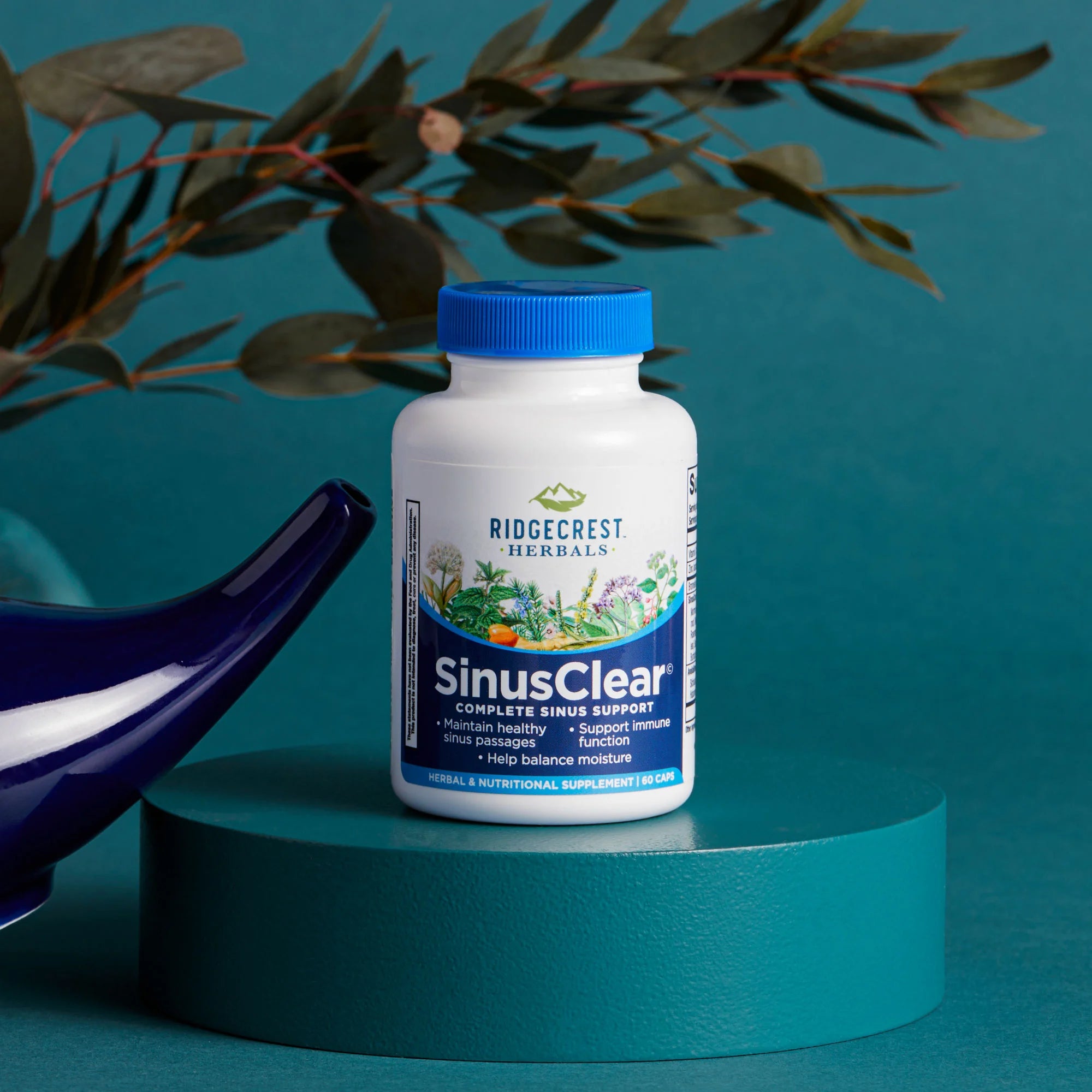 SinusClear bottle on a teal pedestal with a dark blue neti glossy pot beside it, set against a teal background with eucalyptus leaves.