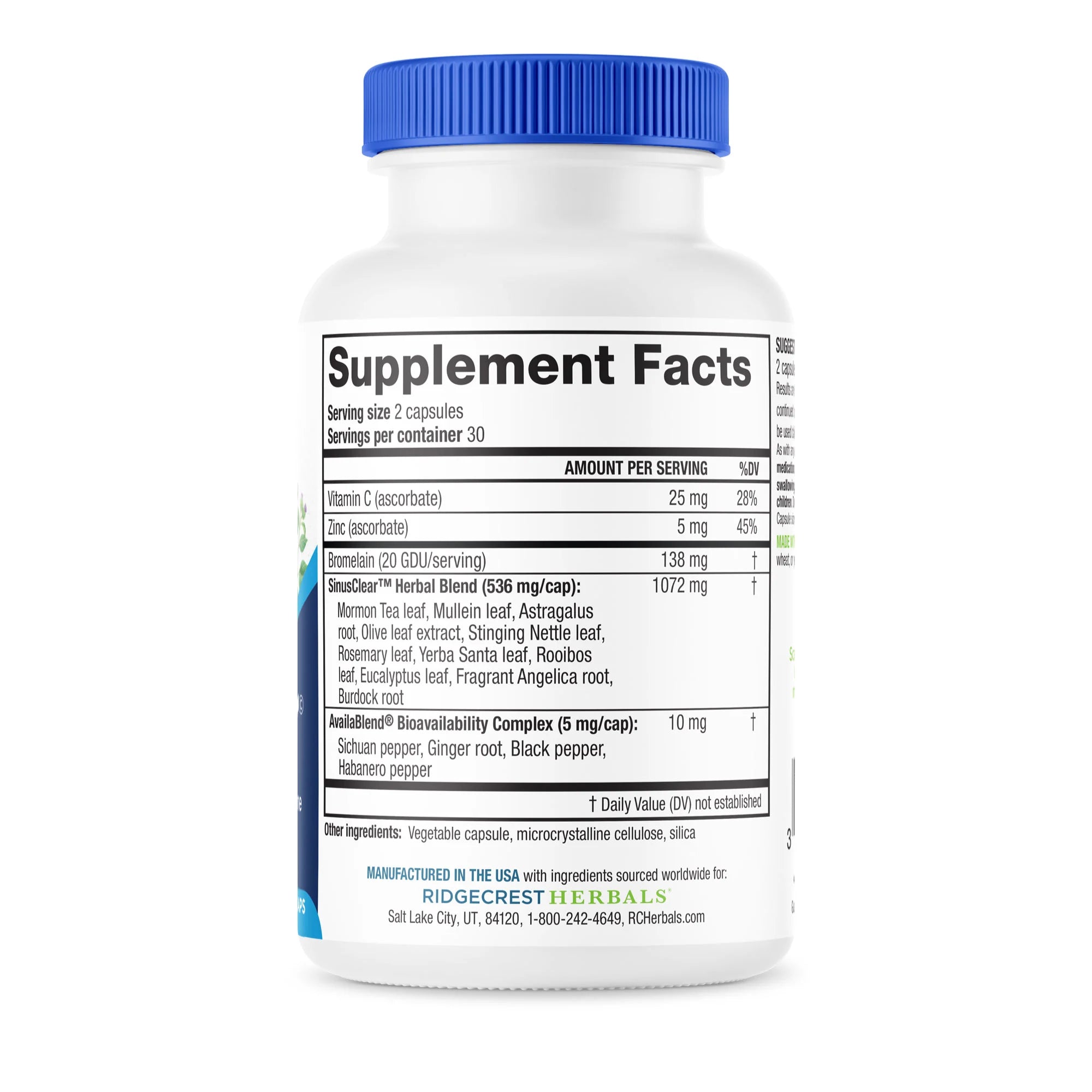 Close-up of Sinus Clear's nutrition label showing detailed ingredient and dosage information.