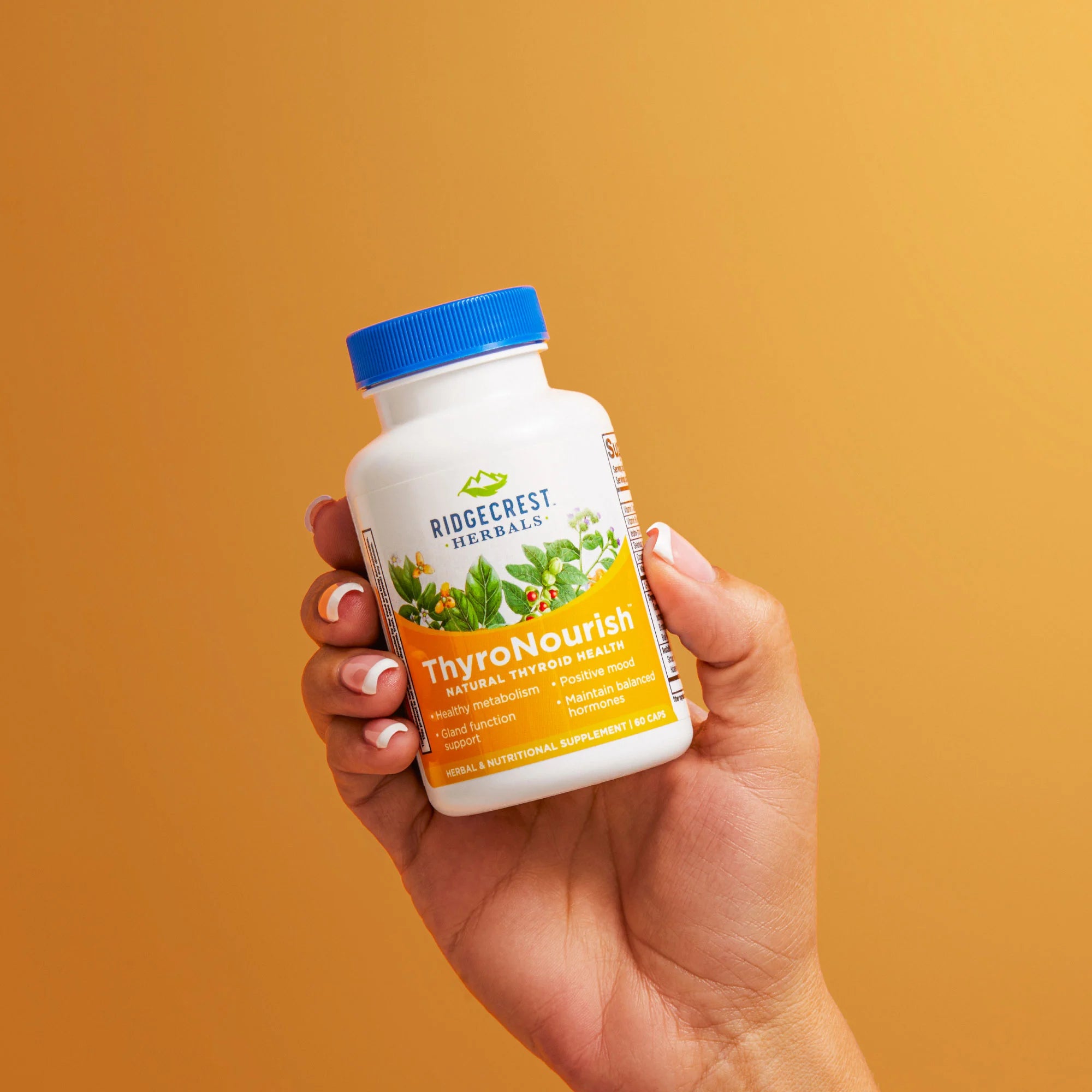 A manicured female hand holding a bottle of Ridgecrest Herbals ThyroNourish supplement against a warm yellow background.