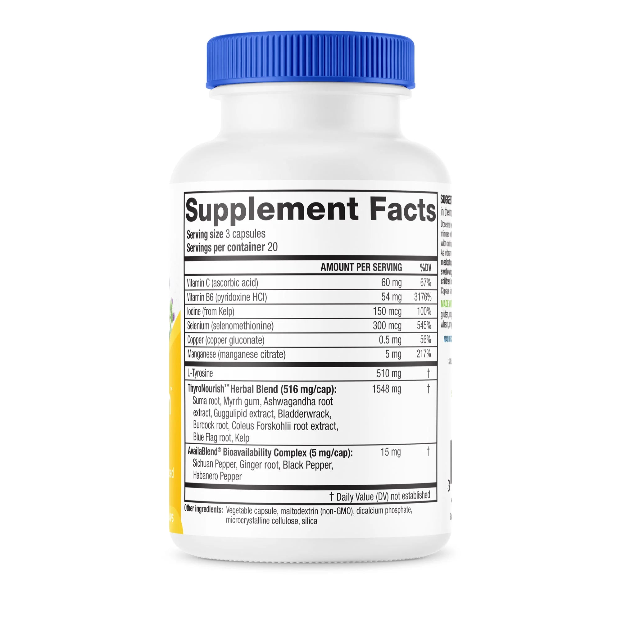 Close-up of Thyronourish's nutrition label showing detailed ingredient and dosage information.