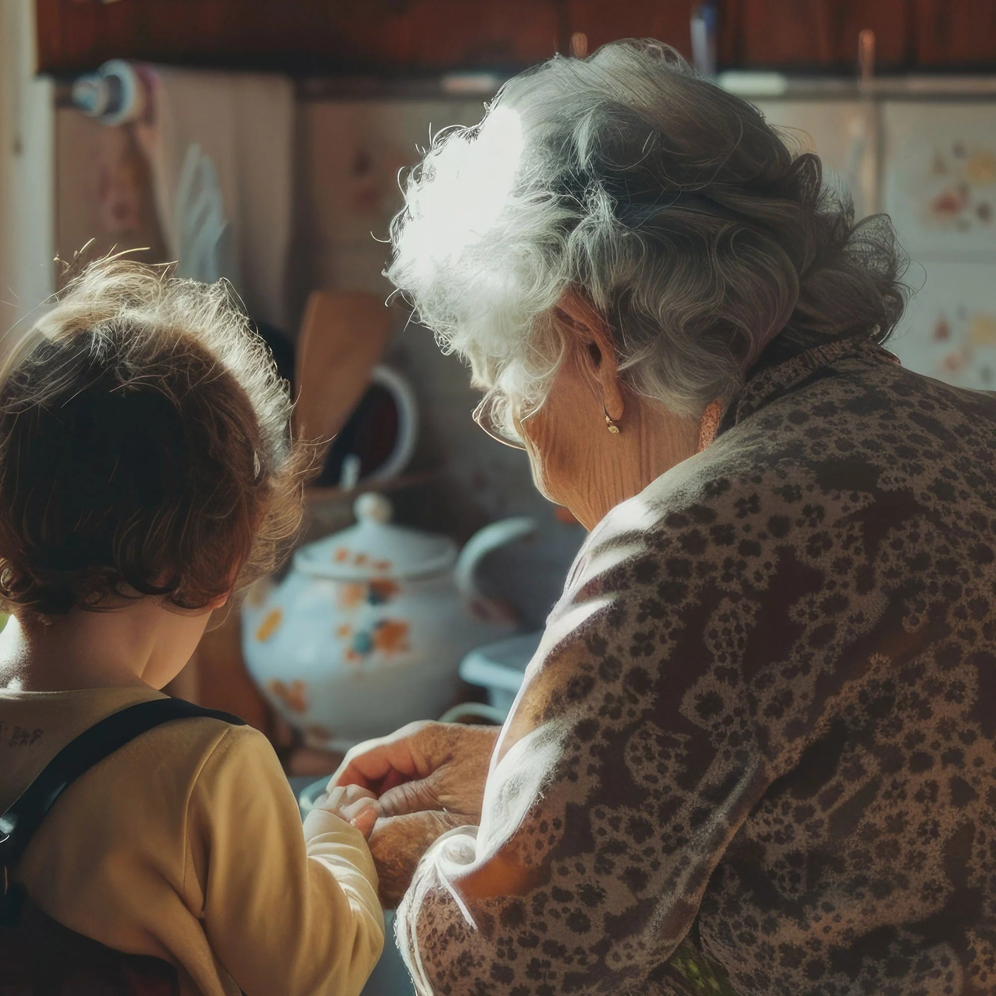 An elderly woman with white hair shares a quiet moment with a young child, their backs turned, bathed in warm sunlight in a cozy kitchen.