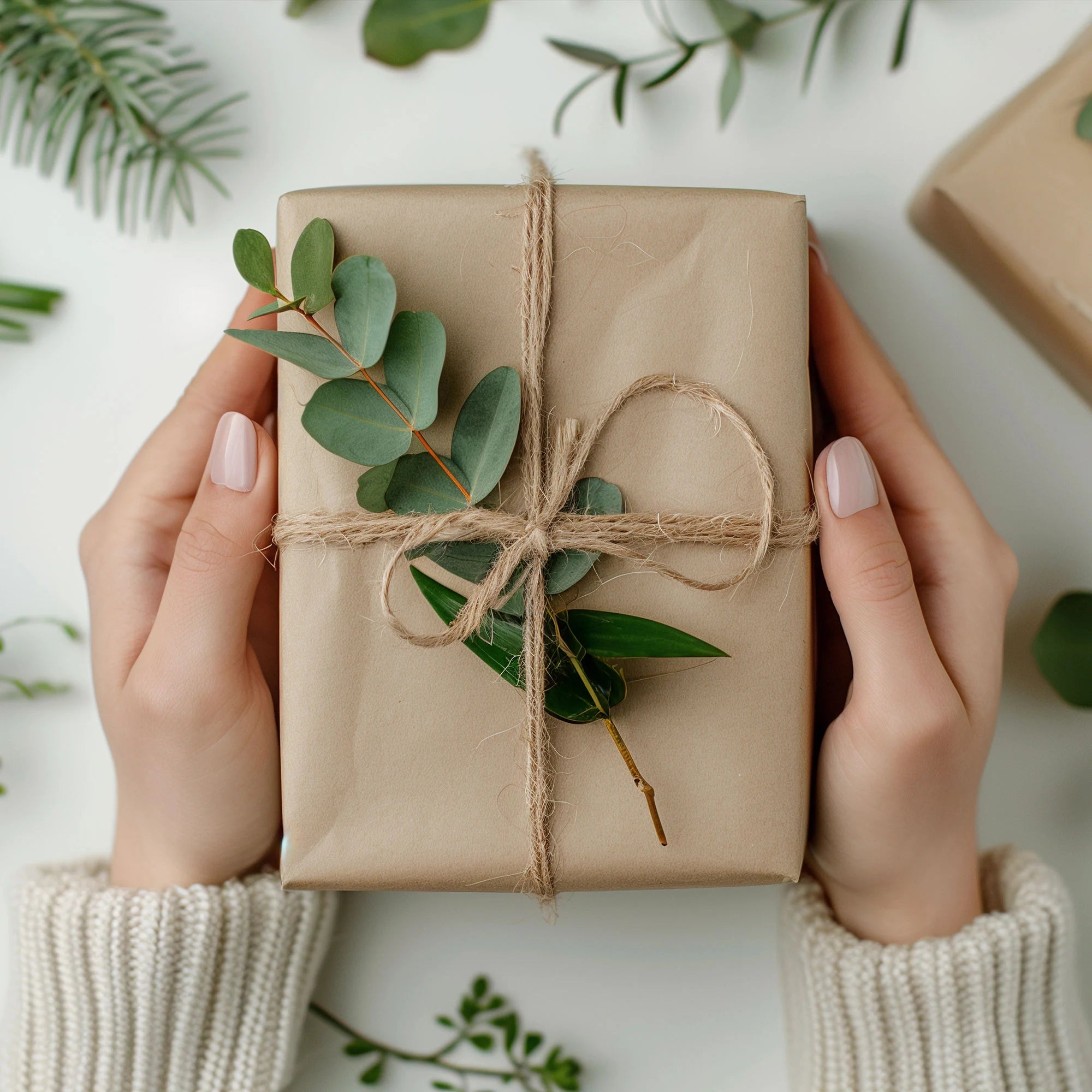 A close up of female hands holding a gift wrapped in eco-friendly paper and twine, decorated with eucalyptus leaves,